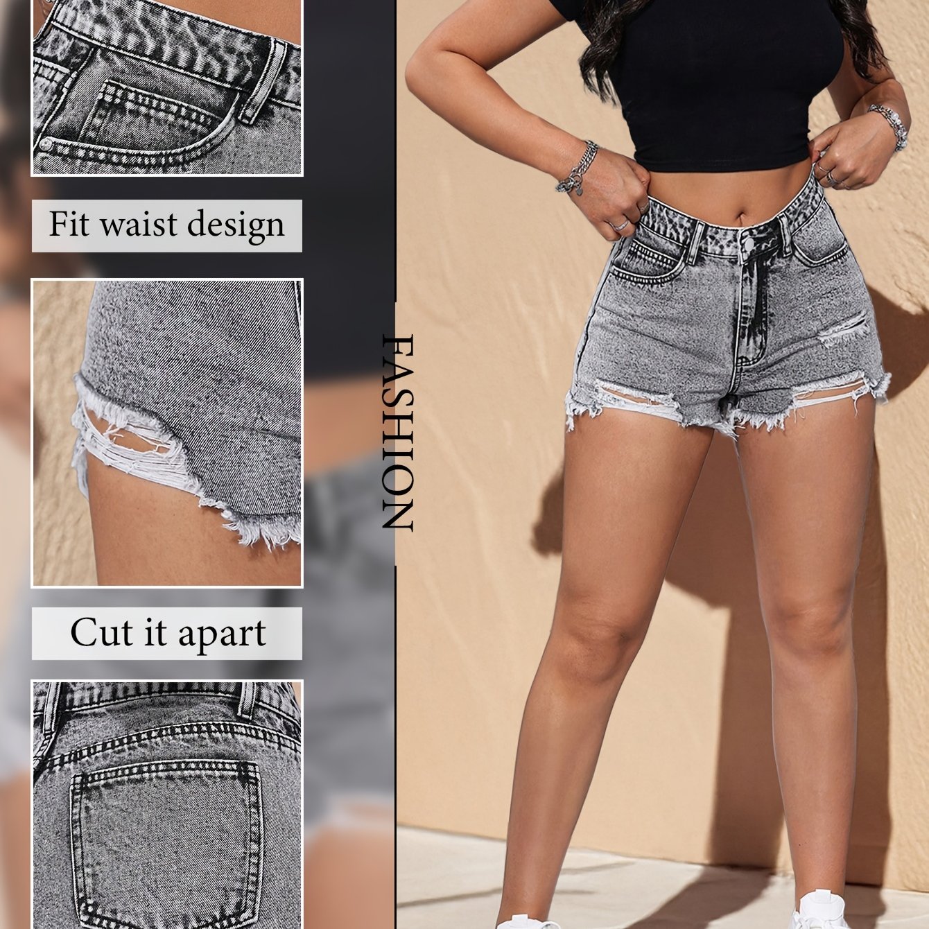 Gray Stretch Ripped Shorts Denim Shorts