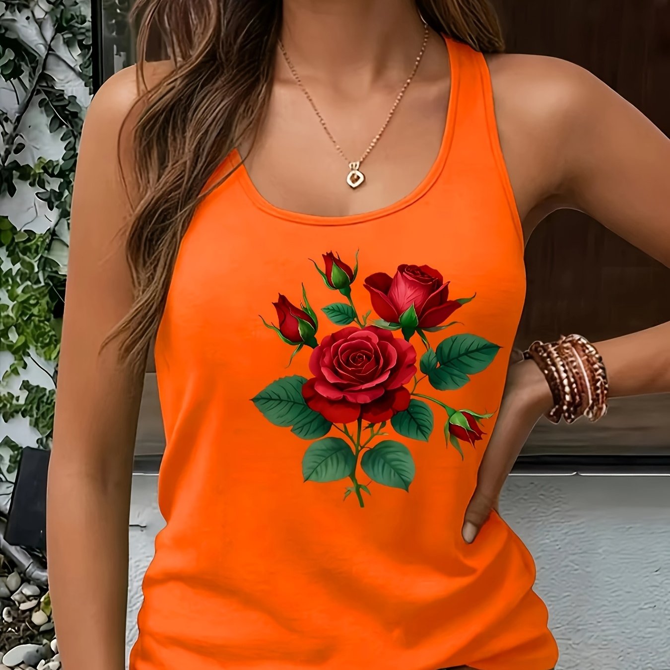 TEMU Vintage Red Rose Floral Print Crew Neck Tank Top For Women, Summer Loose Sleeveless Vacation Top