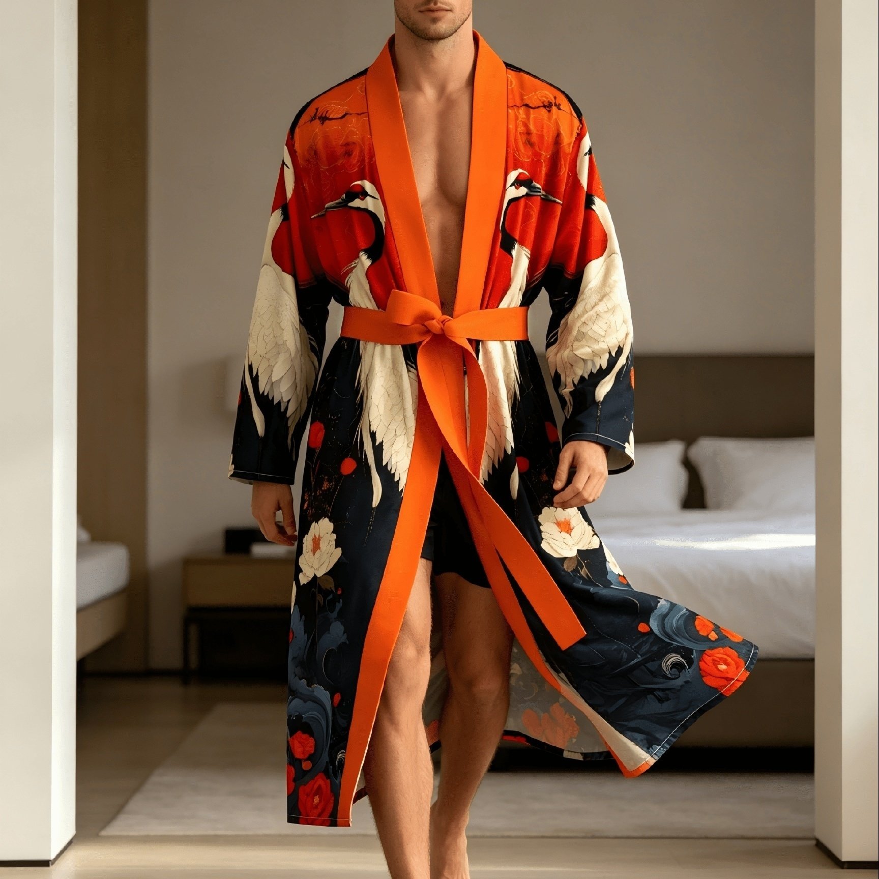 TEMU [print Design - Not Textured] 2026 Men's Casual Bathrobe Spring Summer Thin Bathrobe Home Robe Chinese Red- Crane Pattern Drawstring Wear