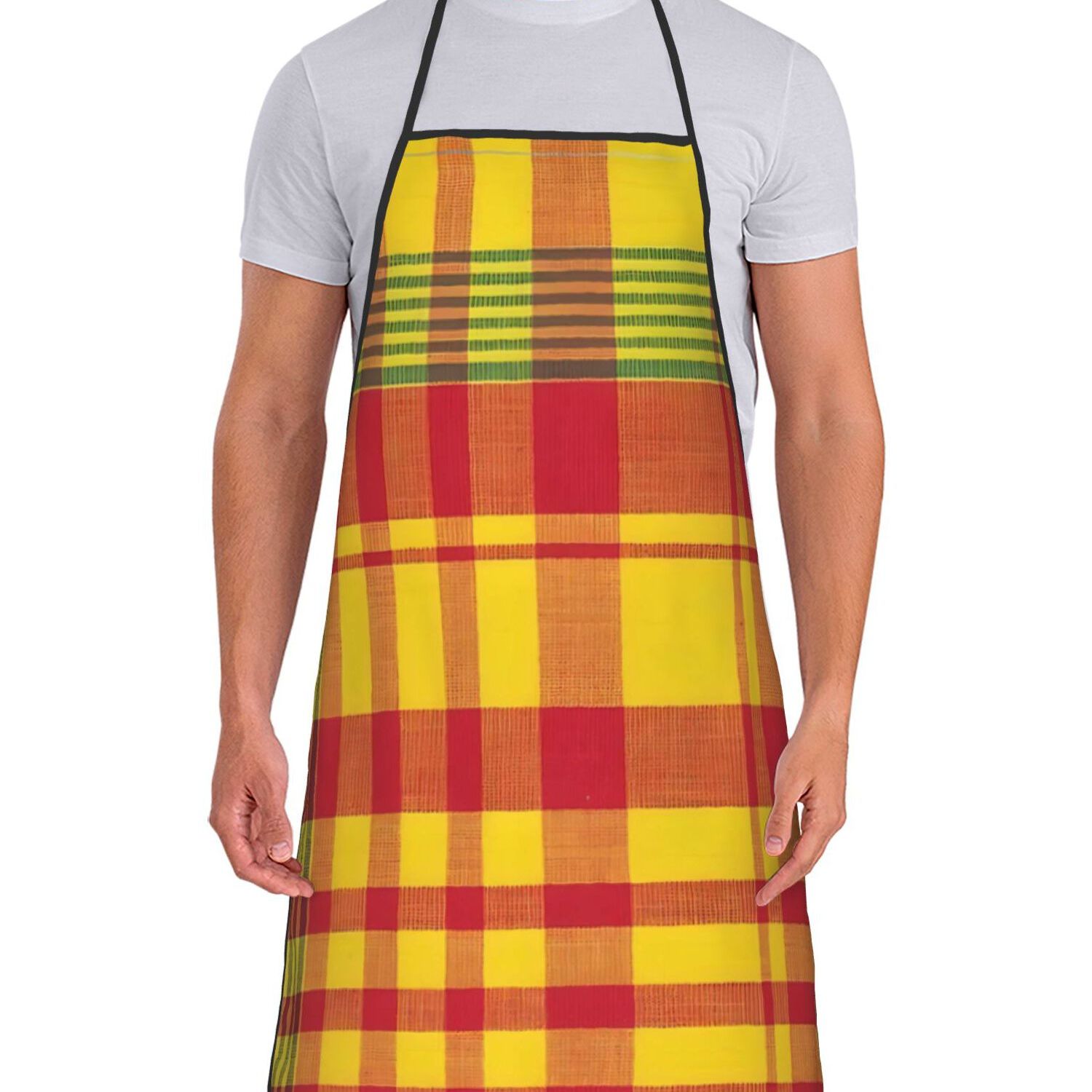 TEMU Tablier de cuisine ZLIENSZUS à imprimé Madras pour passionnés de cuisine - Tablier bavoir aux jaune Madras, orange et rouge, style décontracté