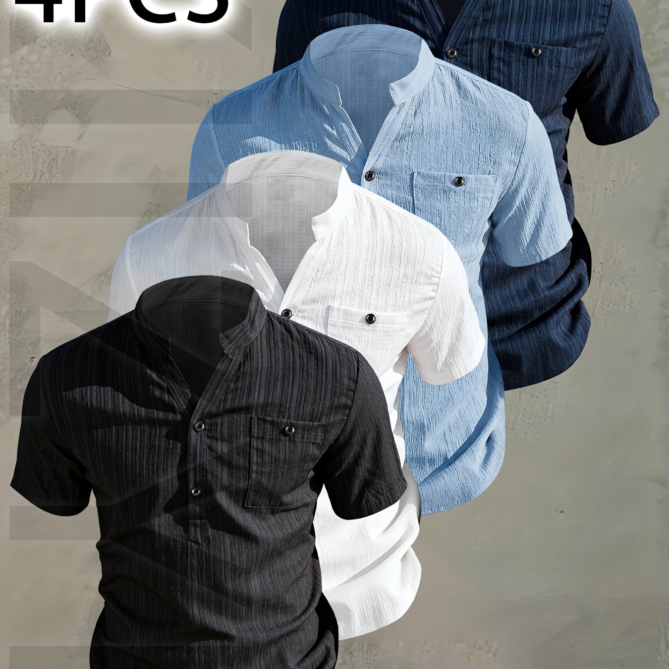 TEMU 4pcs Men's Summer V-neck Short Sleeve Shirt - Lightweight Breathable Solid Color Button-up Casual Shirt With Stand Collar,with Pockets,machine