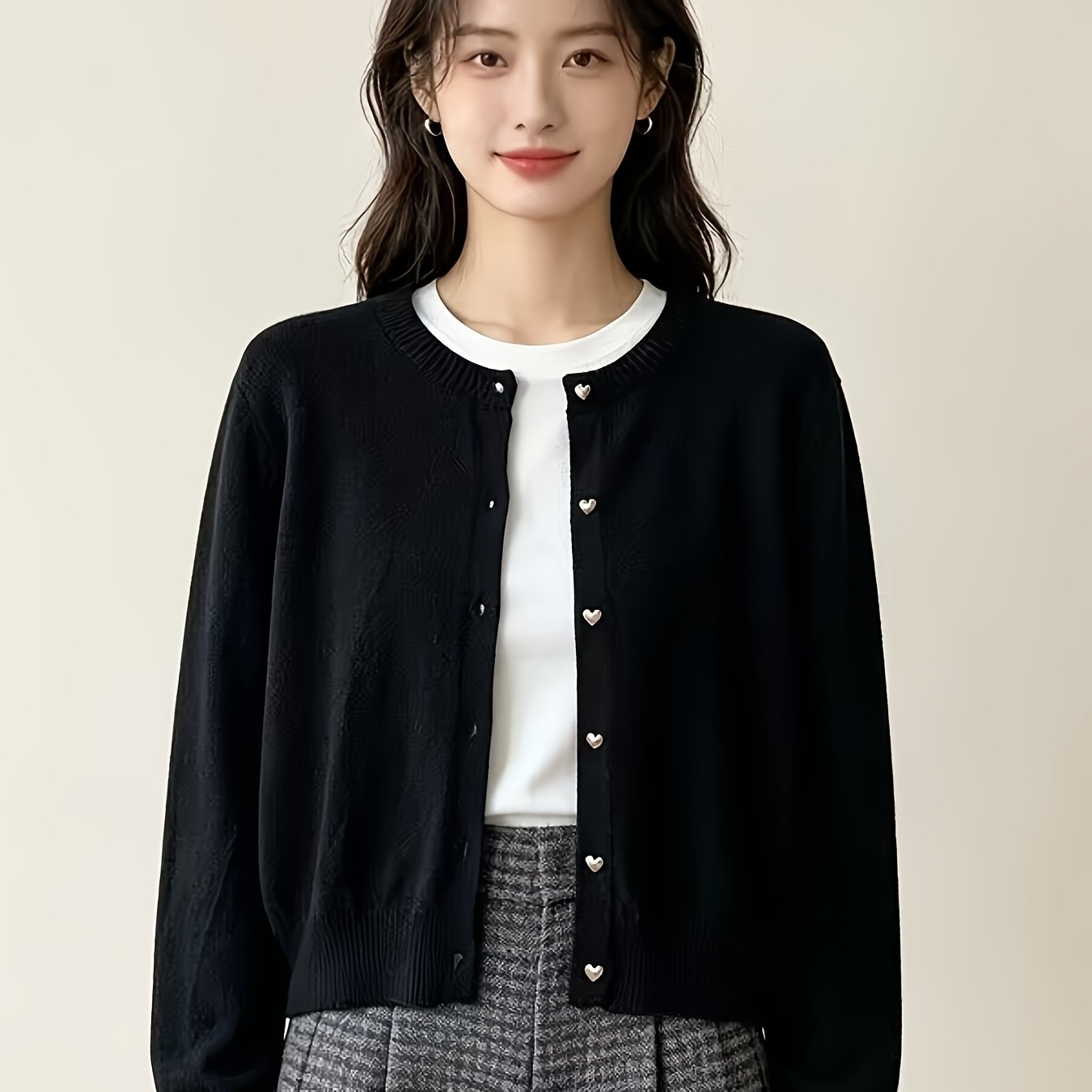 TEMU Veste d'automne/hiver vintage avec petit bouton doré de cœur, couche intérieure décontractée, à , cardigan à épingle à cheveux, haut pour femme
