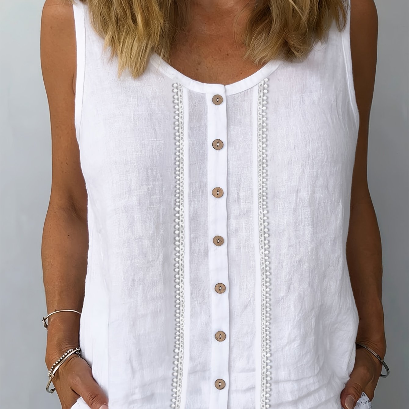 Loose Solid Color Crew Neck Open Front Lace Fashion Vest Top