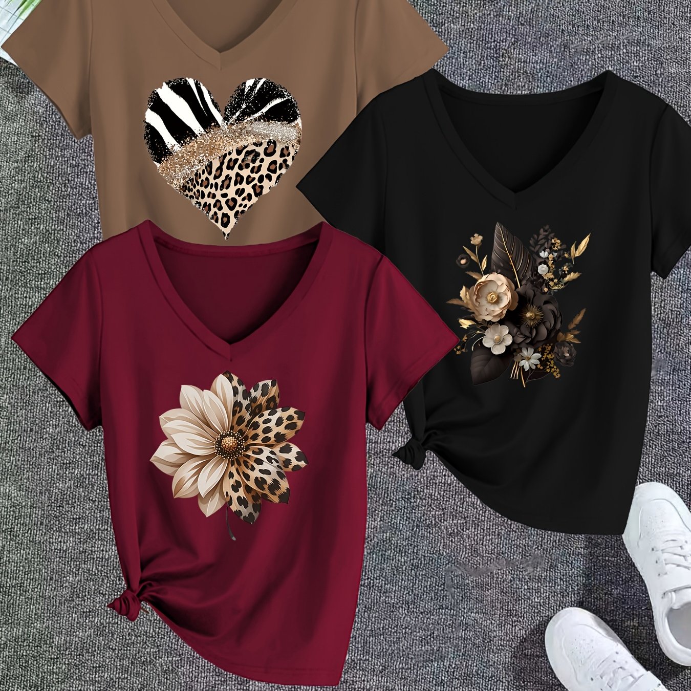 TEMU 3 T-shirts à manches courtes et col en V pour femmes, [Le cœur léopard, Floral léopard, Floral noir], imprimés, Convient pour et l'été, Haut
