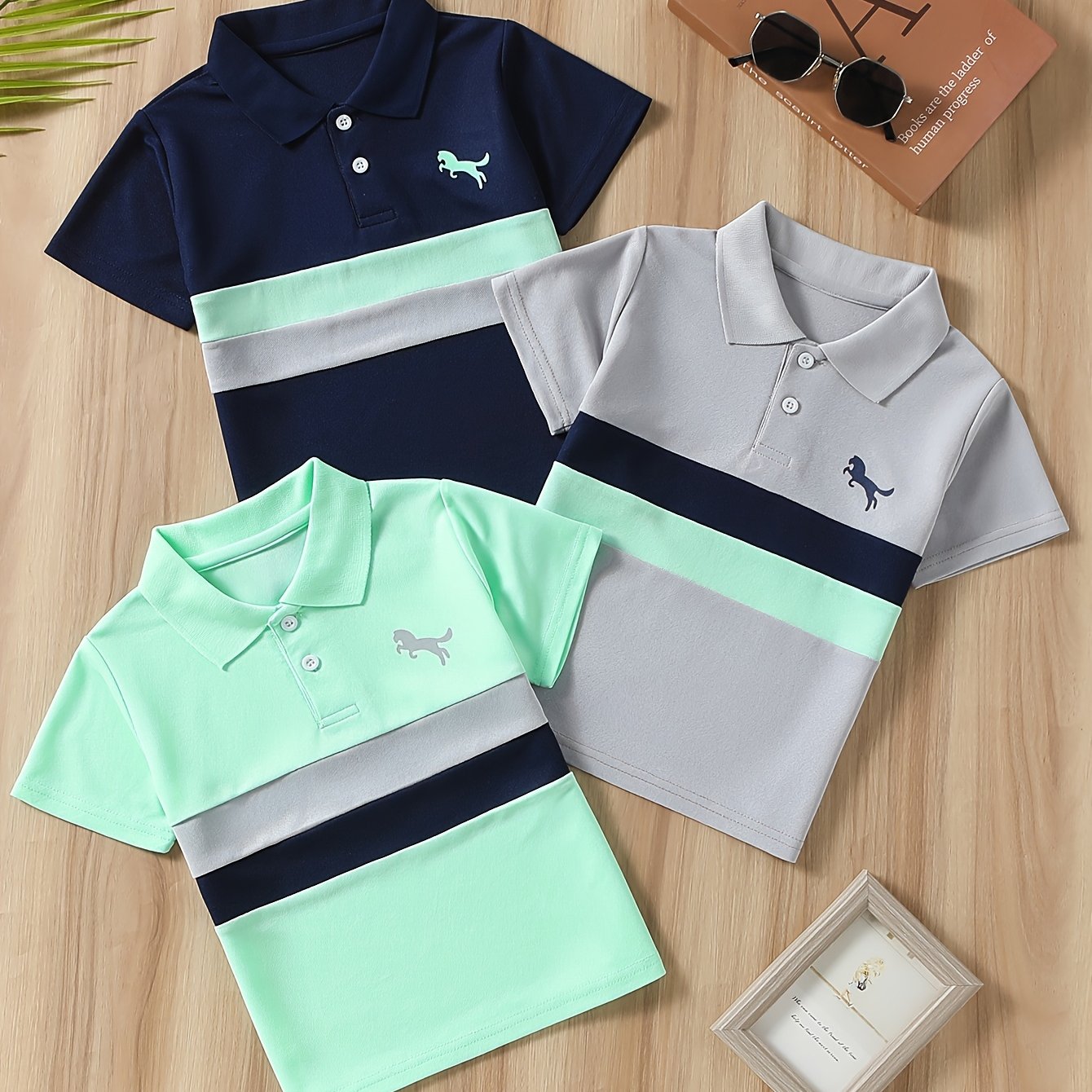 3pcs Spring/summer Boys' Shirts, Unisex Kids' Striped Loose-fit T-shirts, College Style Boys' Collar Short Sleeve School Uniforms, Outdoor Casual Fashion Tops For Young Boys, Sibling Outfits, Wear