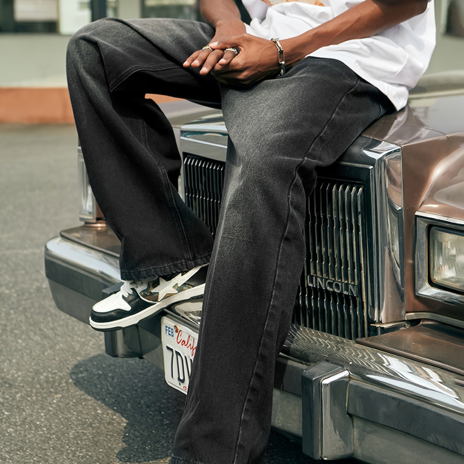 TEMU Men's Black Casual Loose Half Elastic Waist Straight Leg Denim Pants Street Dance Party Cycling All