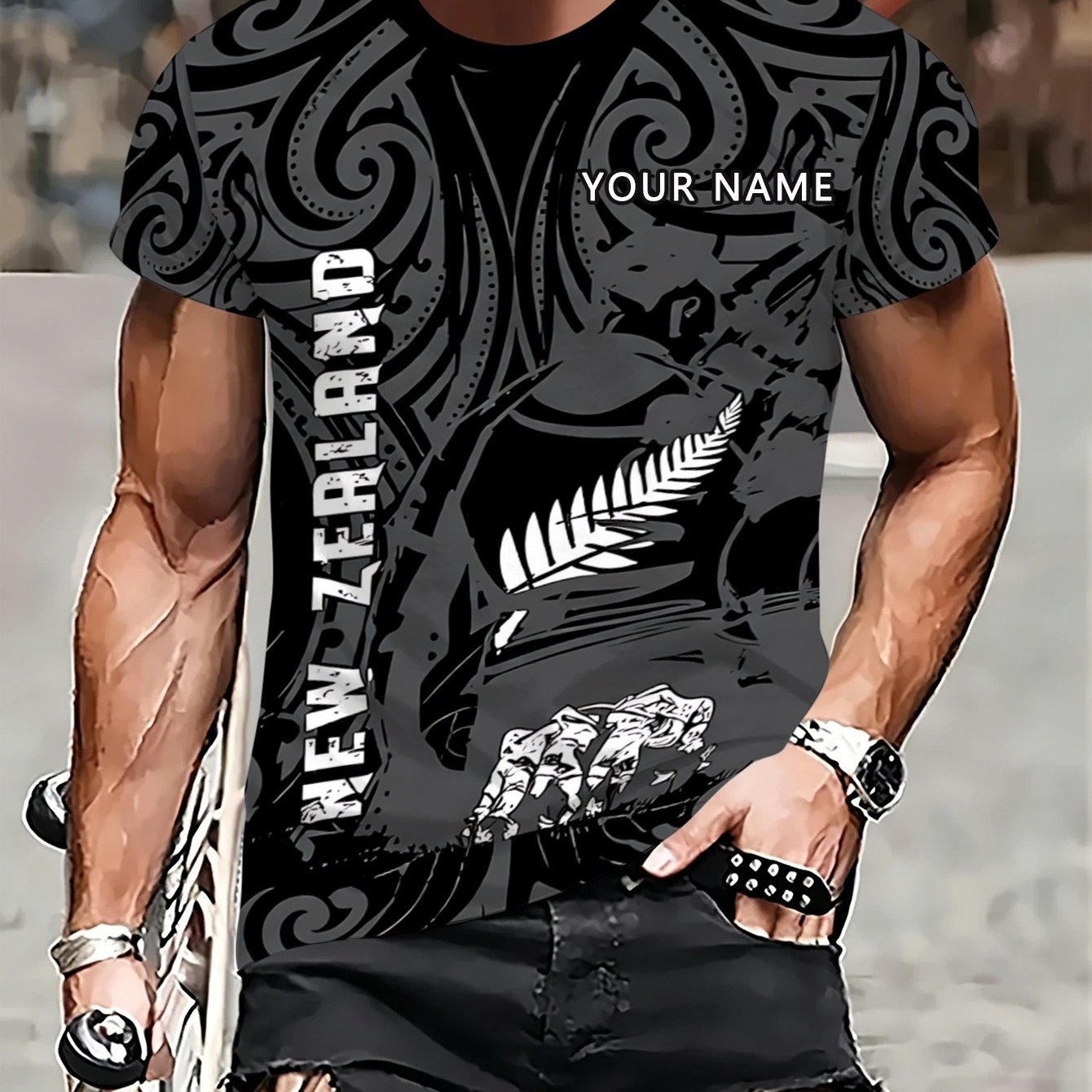 TEMU Men's Fashion Round Neck Short Sleeve T-shirt, Spring/summer, New Zealand Maori Totem Silvery Fern , Breathable Summer Self- Name Short Sleeve