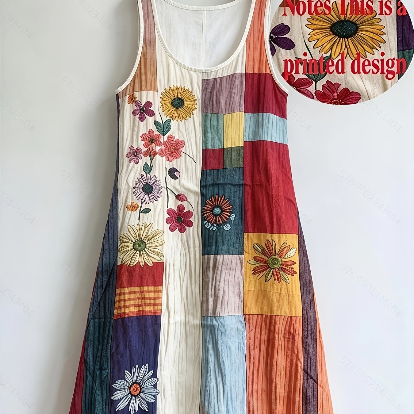 TEMU Plus Size - Plus Size - Plus Size Women's Vacation Fabric Floral Print Round Neck Sleeveless Dress, Suitable For Spring Summer