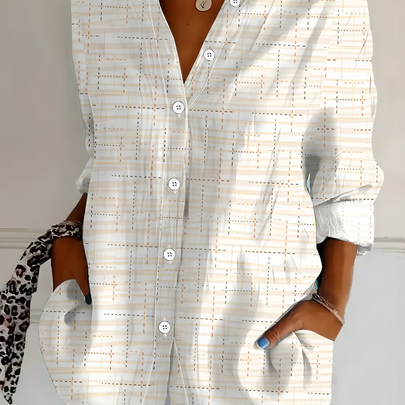 TEMU Plus Size, Plus-size Women's Long-sleeve Shirt, Simple Striped Print, Fine Checkered Pattern, Mid-length Casual Shirt For Women, Warm- Print,