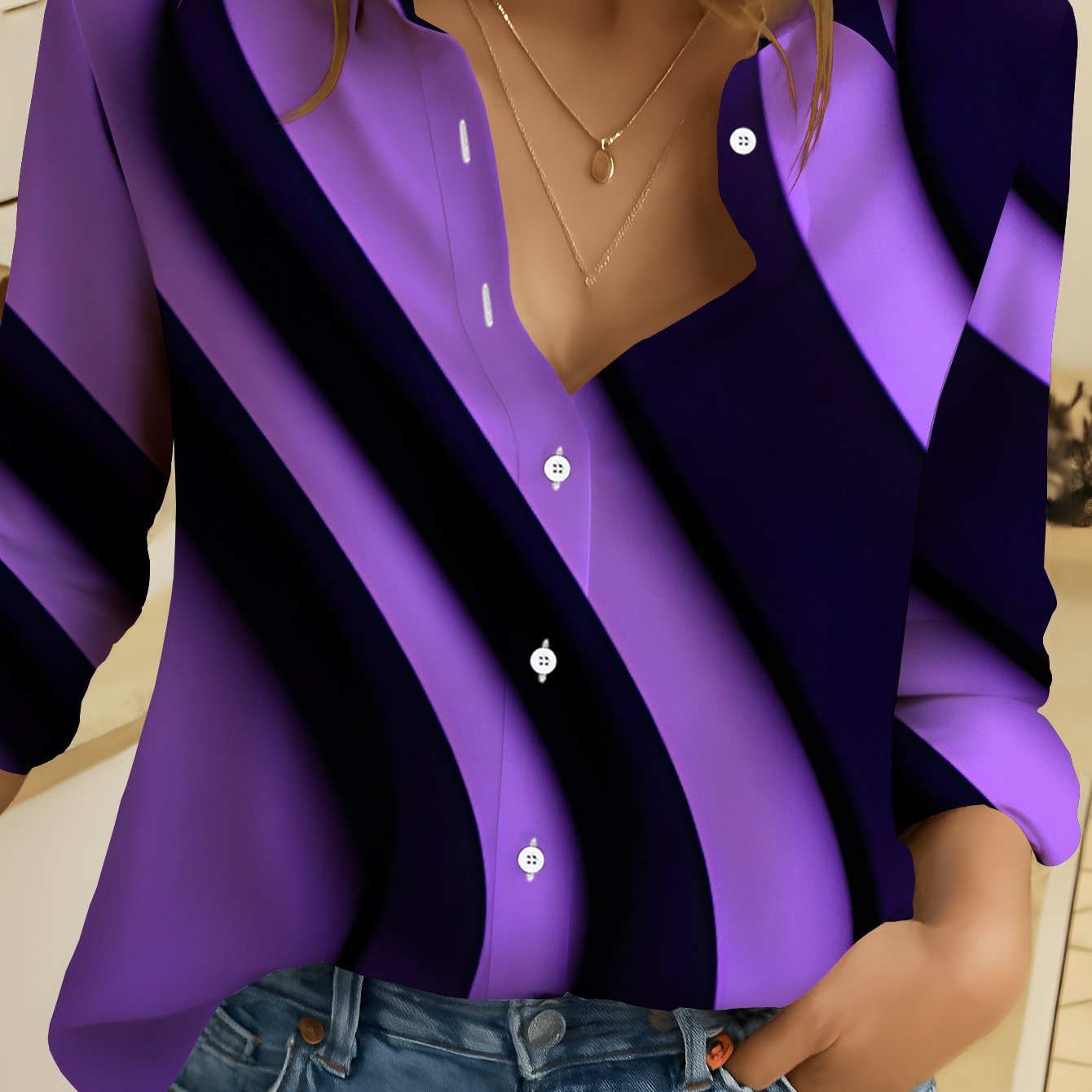 TEMU Women's Long-sleeved Shirt, Labeled With Wavy Texture, ' Printed Shirt, Wavy Texture, Women's Floral Shirt, Purple Tone, Casual Shirt For Women,