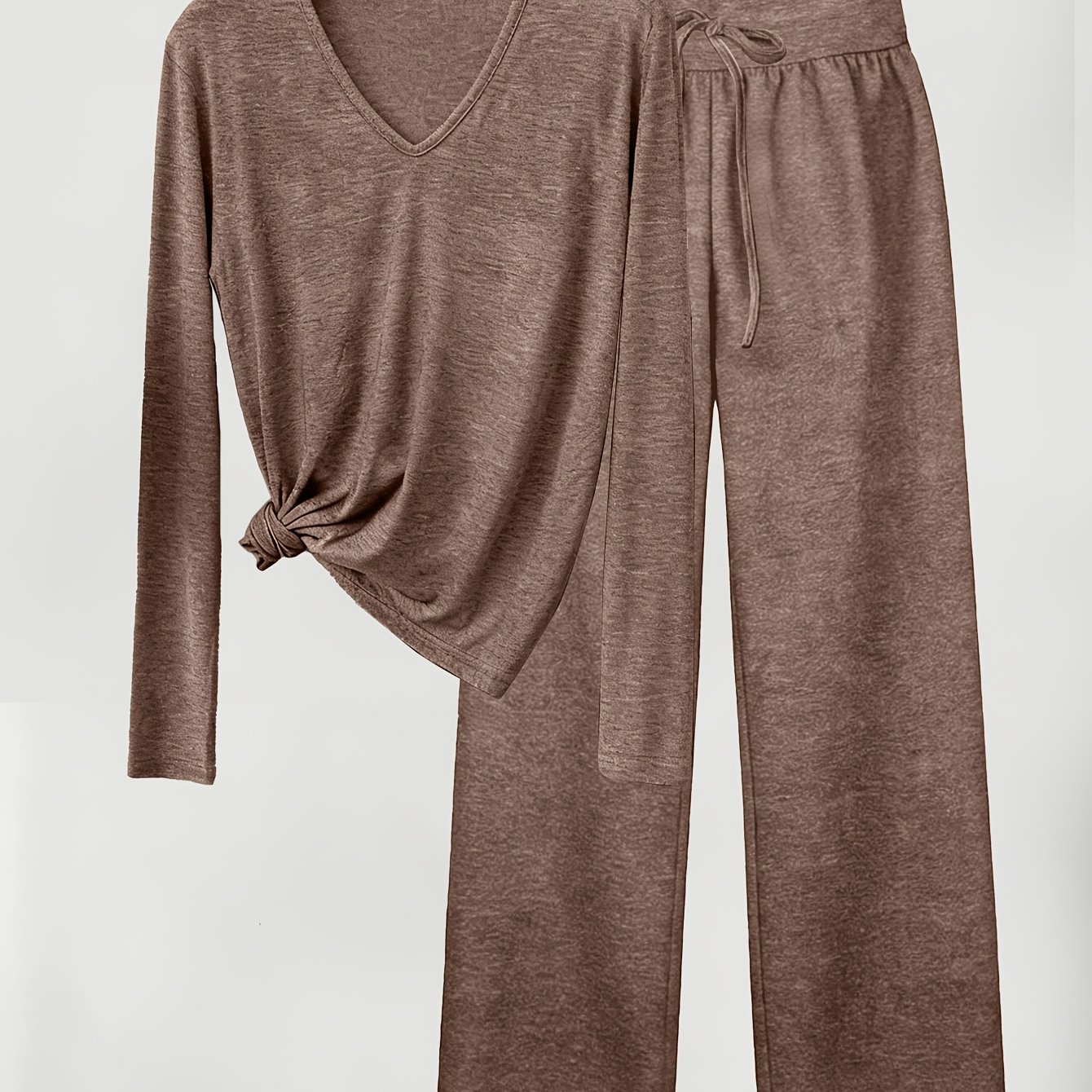 TEMU New Women's V-neck Long Sleeve T-shirt And Long Pants Set, , , Medium Stretch Fabric, Elastic Waistband On Pants, Machine Washable, Elegant