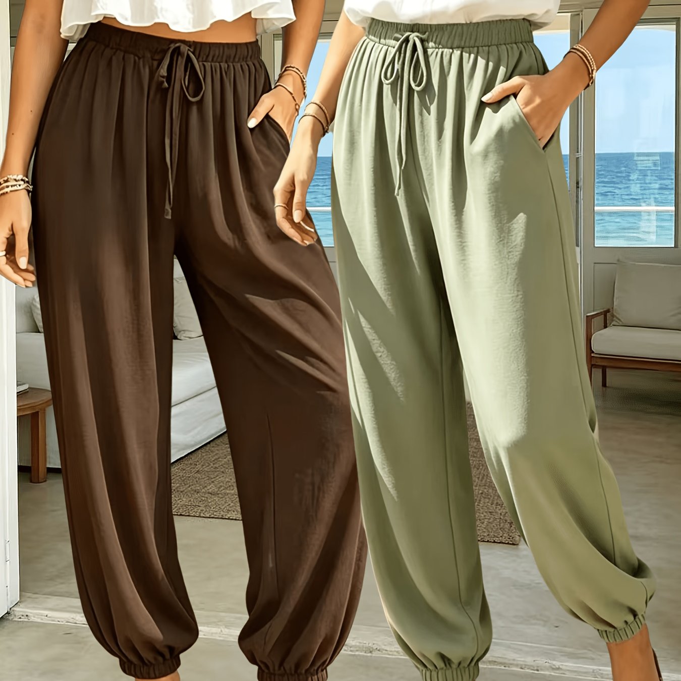 TEMU 2pcs European And Boho Loose-fit Solid Color Pants, Draped Breathable Loose Casual Long Pants, Multi-scene Pants For Home, , Vacations, And Yoga