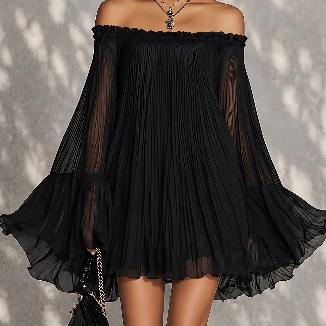 TEMU Fashionable Elegant Black Chiffon Dress With Ruffle Sleeves For Women