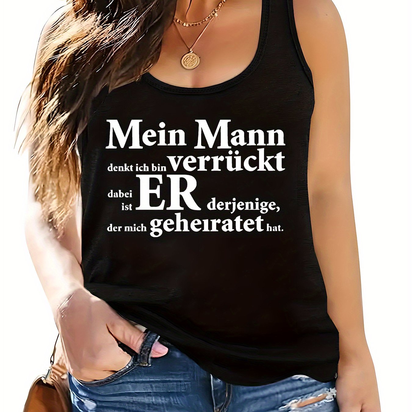 TEMU Plus Size - Damen-Casual-Rundhalsausschnitt Plus Size Ärmelloses Tanktop mit dem Aufdruck 'Mein Mann denkt, ich bin verrückt', das humorvolle in
