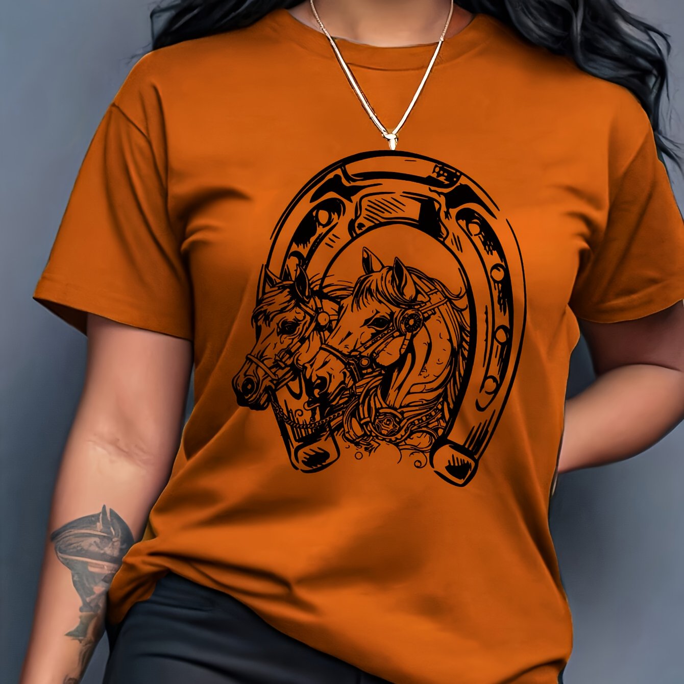Image of Women's Fashion Horse Print Pattern Trendy Sporty Casual Crew Neck Short Sleeve Sweatshirt