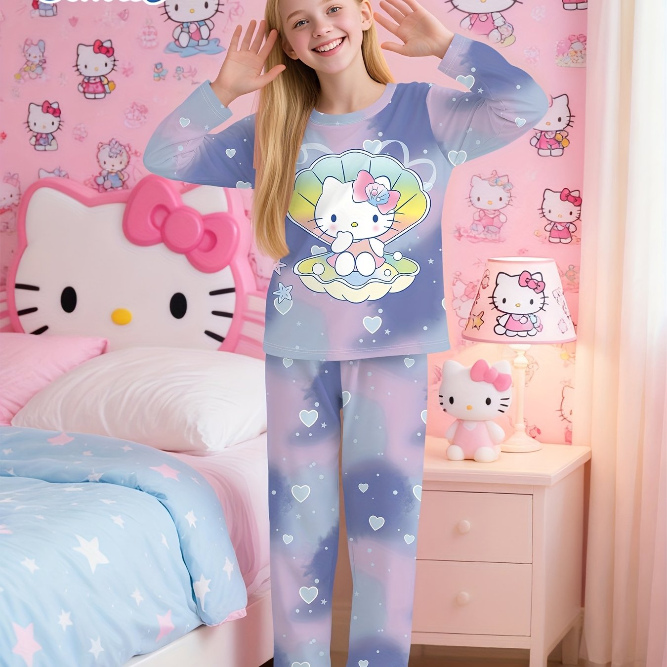 Flame-retardant Hello Kitty Mixed-color Pearl Clam Print Cute Printed Loungewear Long Sleeve Long Pants 2pcs Set, Cute, Comfortable, And Versatile