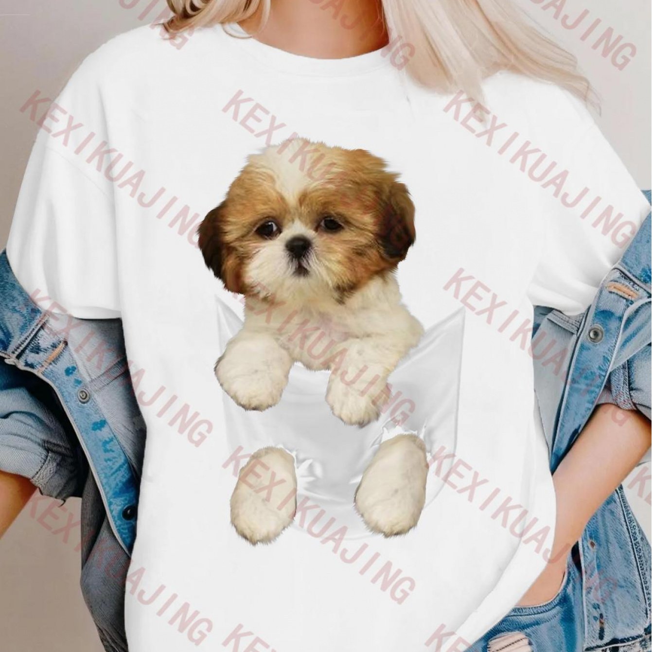 Shih Tzu Puppy In Pocket T-shirt | Black, S, 180g, Short Sleeve, Geometric-pattern, Stretch, Crew Neck