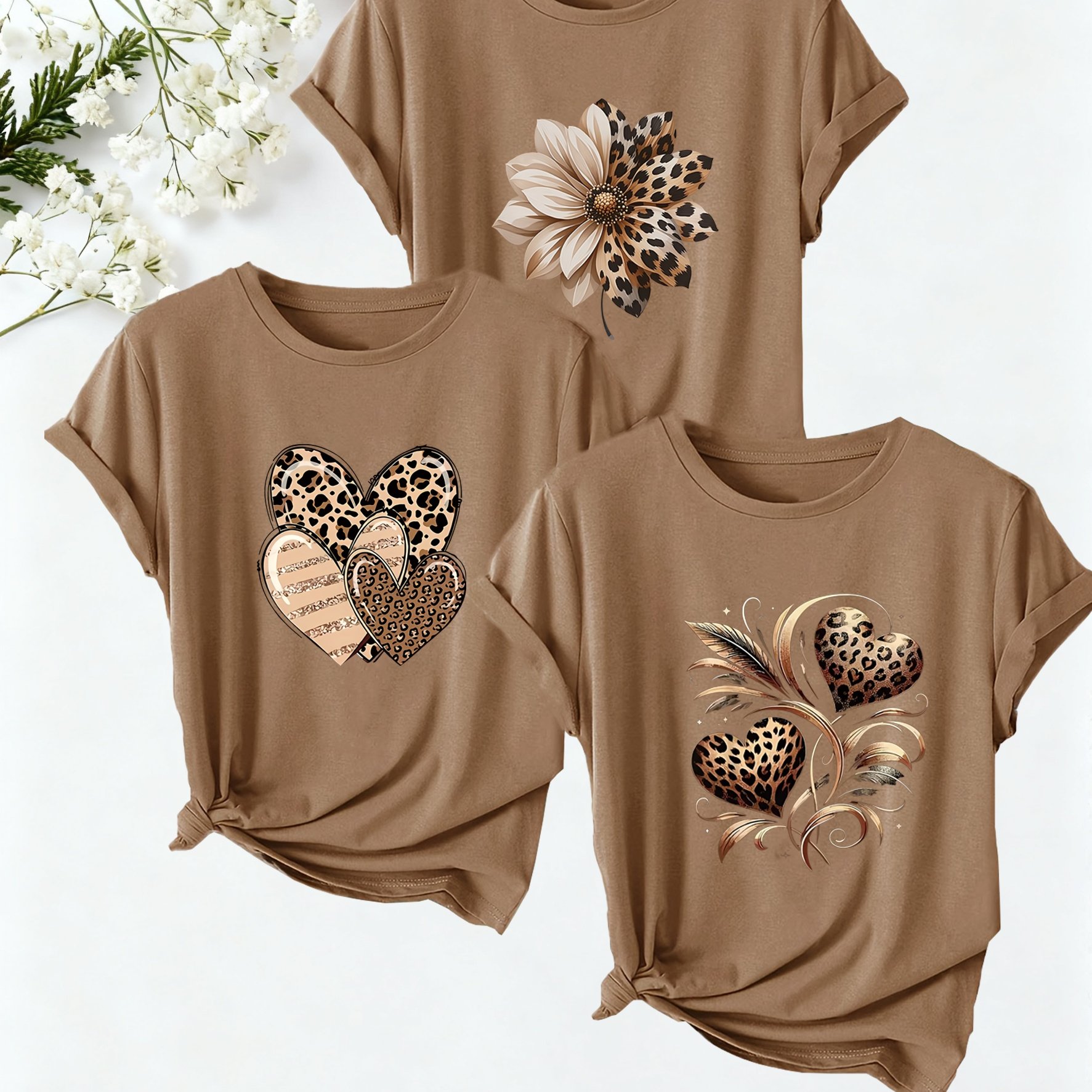 TEMU 3 pièces Ensemble T-Shirt Col Rond Manches Courtes - Haut Décontracté Imprimé Léopard pour Femme avec Cœur Léopard et Motif Floral, Lavable en