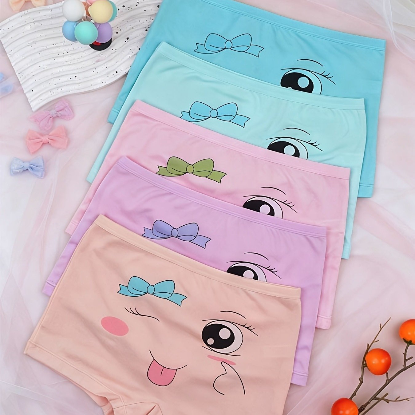 5pcs Girls' Underwear, Cartoon Bow Cat Face, Suitable For Girls - Breathable, Soft, And Comfortable, Cute Design, Medium Elasticity, Non-constricting, Suitable For