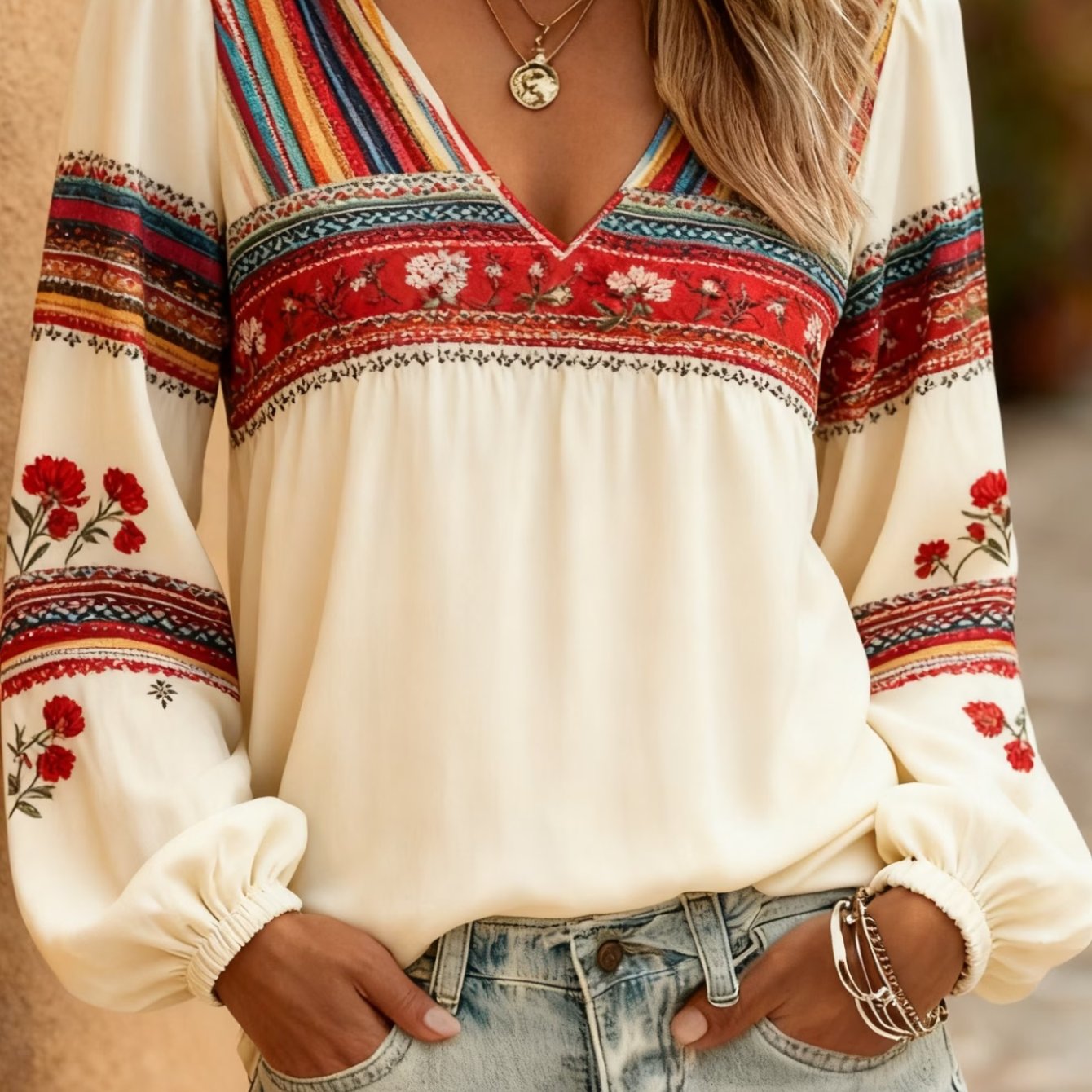 Image of Plus Size - Plus Size - Plus-size Women's Spring/summer Top Featuring A 2d Flat Print In A Retro Western Style. This V-neck Long-sleeved Shirt Showcases Floral And Vibrant Striped Patterns