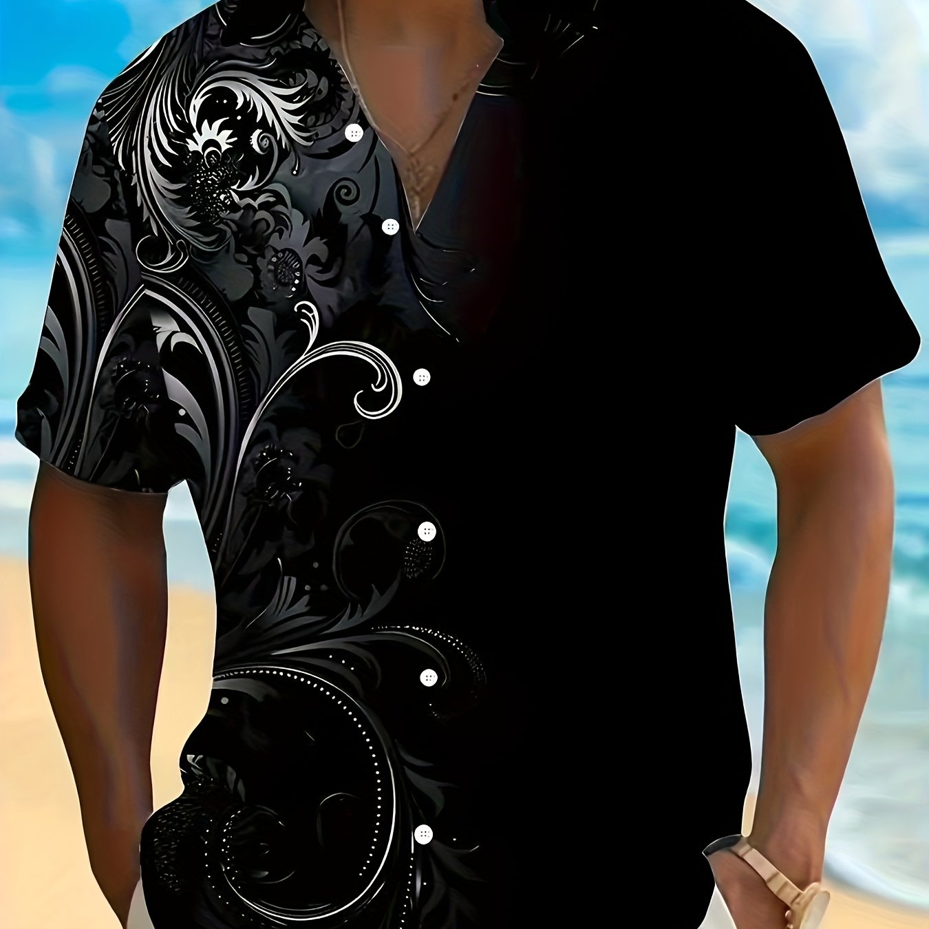 TEMU Men's Retro Floral Print Short Sleeve Button-up Shirt - Breathable Polyester, Casual Summer Style With White And Golden Accents, Beach Casual