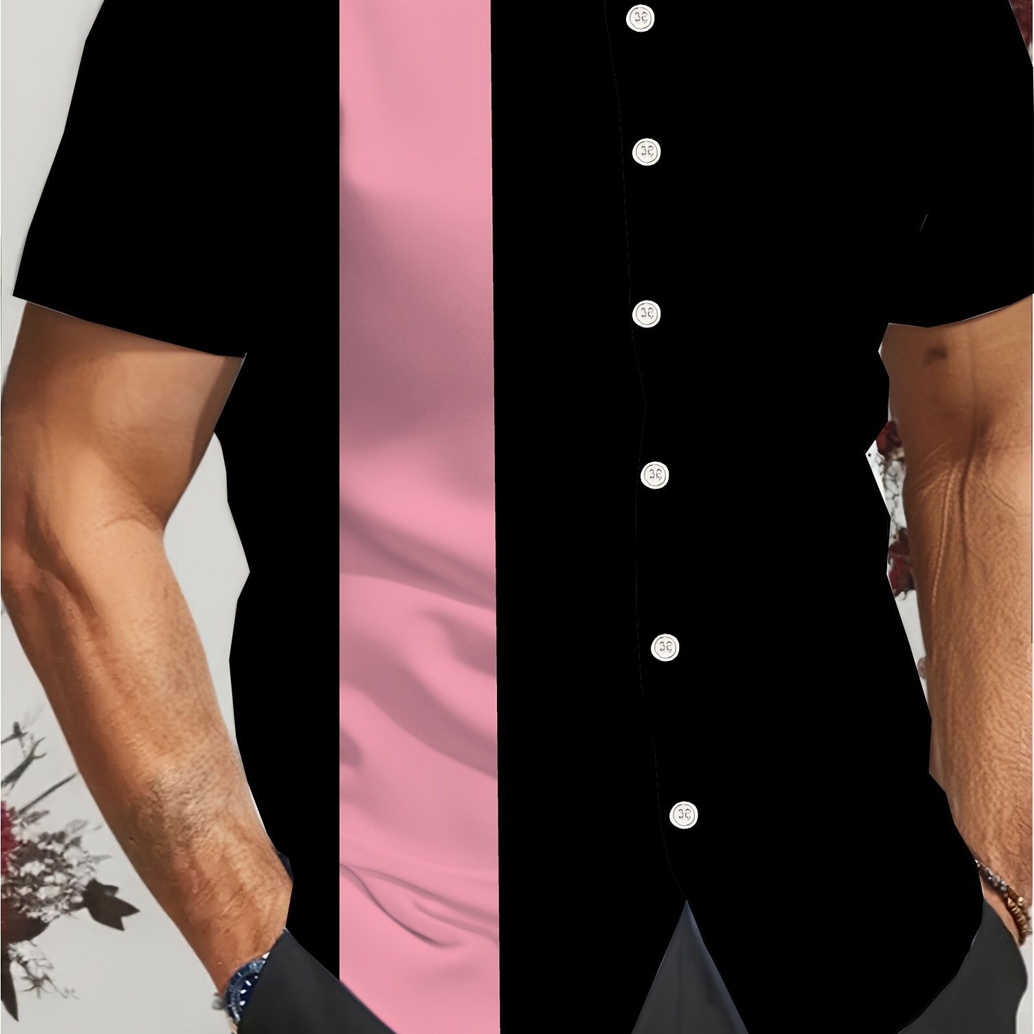 TEMU [printed Design - Not Textured] Men's Vintage 1950s Bowling Shirt - Black Pink Contrast Button-up Top, Summer Lightweight Retro Style Casual