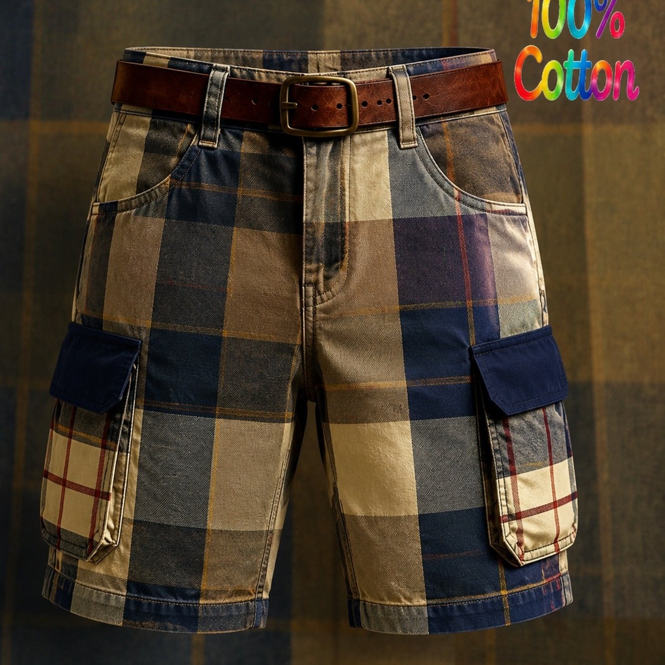 The 2026 Men's Cargo Shorts (no Belt) Are Versatile 3d Printed Shorts Suitable For Work And Leisure. Shorts Feature A Contrasting Plaid Design And Multiple Practical Pockets Everyday Needs