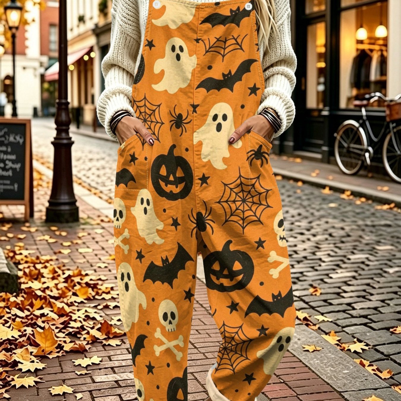 TEMU Pumpkin Bat Print Overalls For Women - Festive Atmosphere, Loose Fit, Wide Leg, Rolled Hem, Multi-pocket Casual Jumpsuit