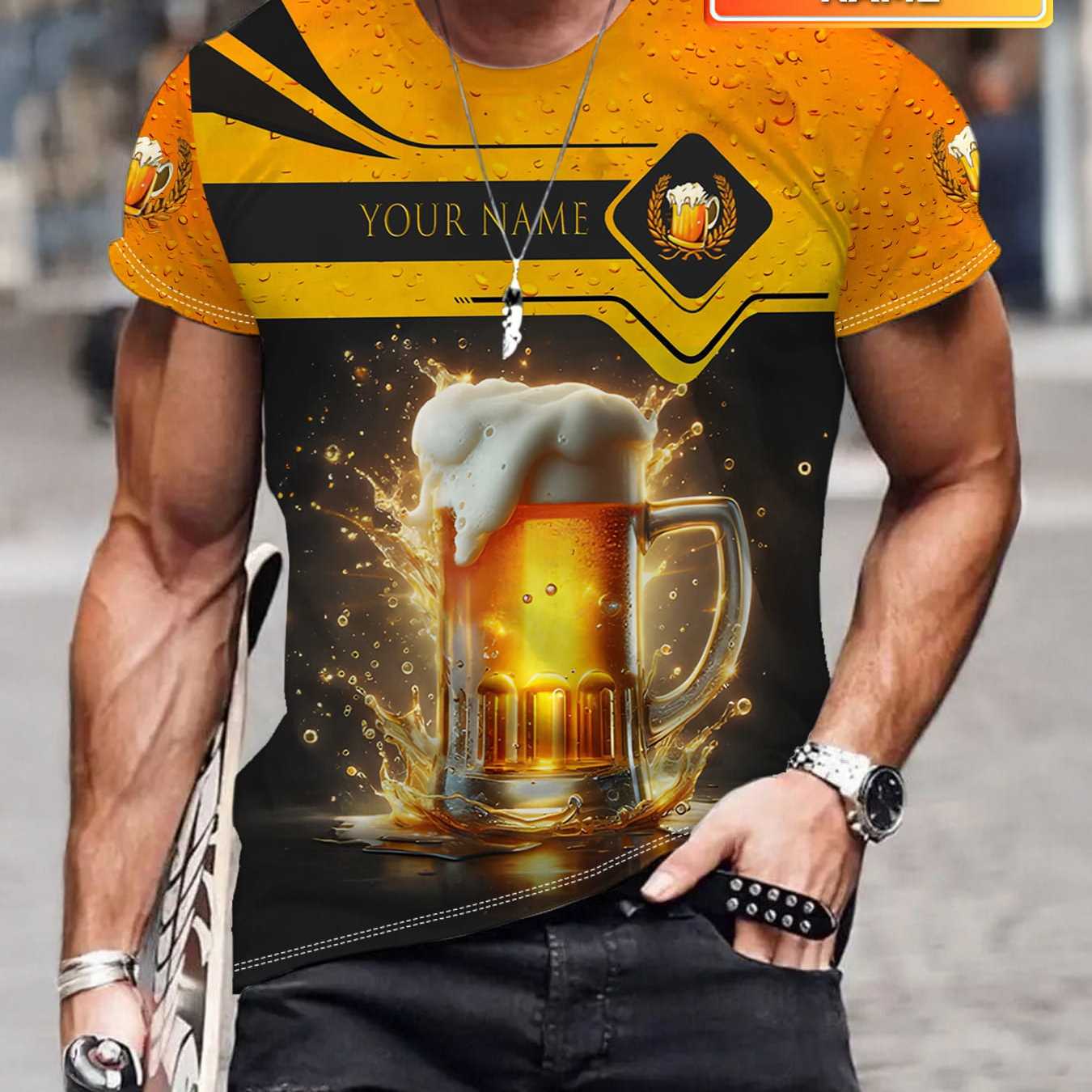 TEMU Men's Custom Name/text Beer T-shirt - Brewery Themed Short Sleeve Crew Neck Top With Your Own Beer /, Machine Washable Suitable For Daily Wear,