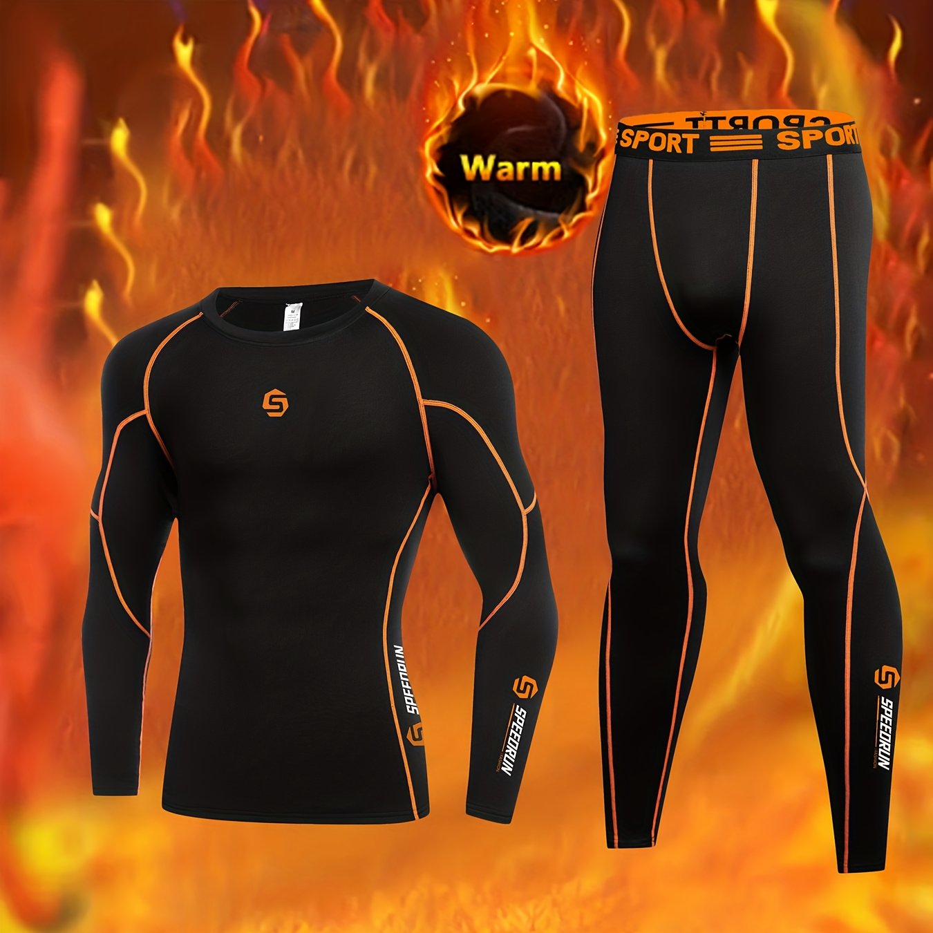 TEMU 2pcs Men's Thermal Slimming Suit For Autumn And Winter, Outdoor Skiing Thickened Tights And Long-sleeve Top. -lined, Suitable For Skating,