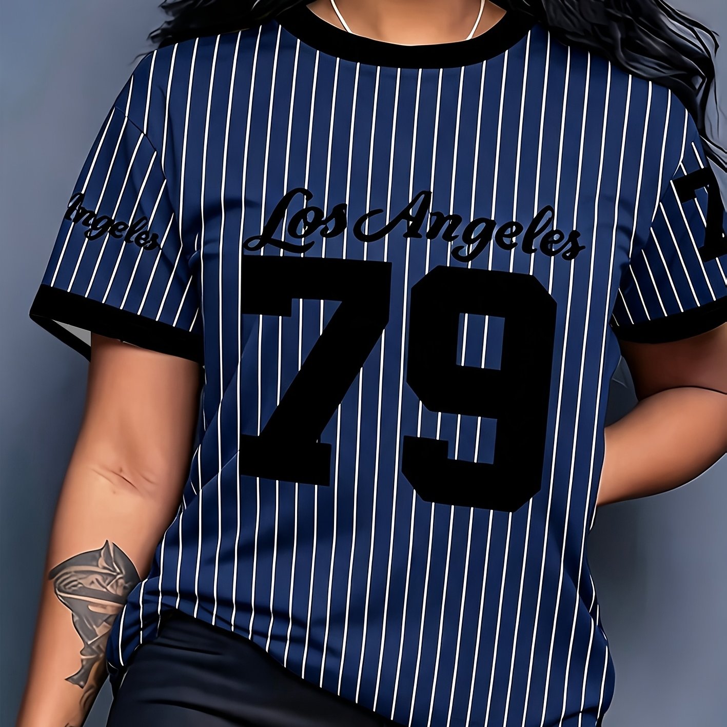 TEMU New Women's Casual, "79" Striped Casual Crew Neck Short Sleeve