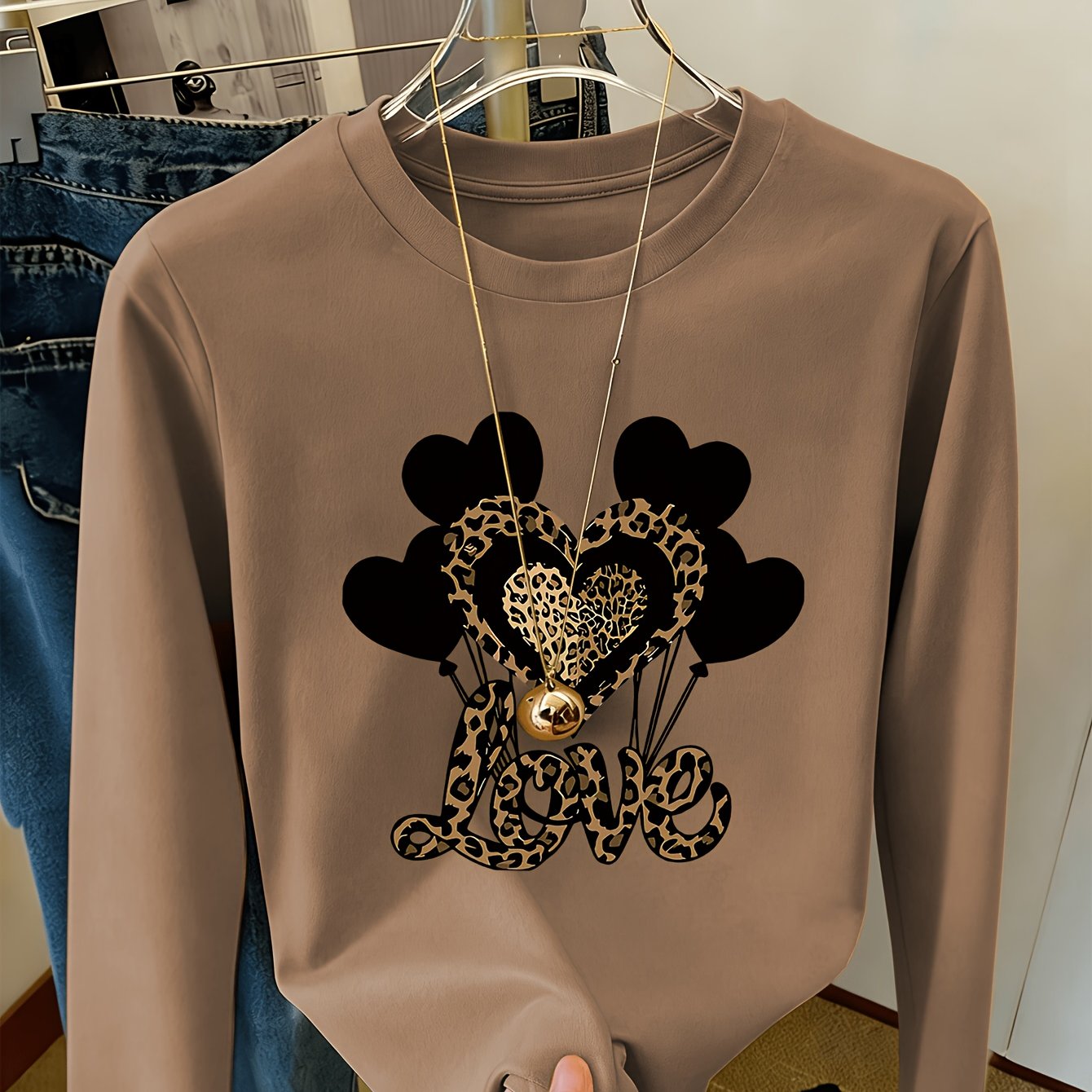 TEMU Leopard Print Heart-shaped Pattern Women's Casual T-shirt, Long-sleeve Round Neck Top, For Spring, Summer, And Autumn, Suitable For Everyday