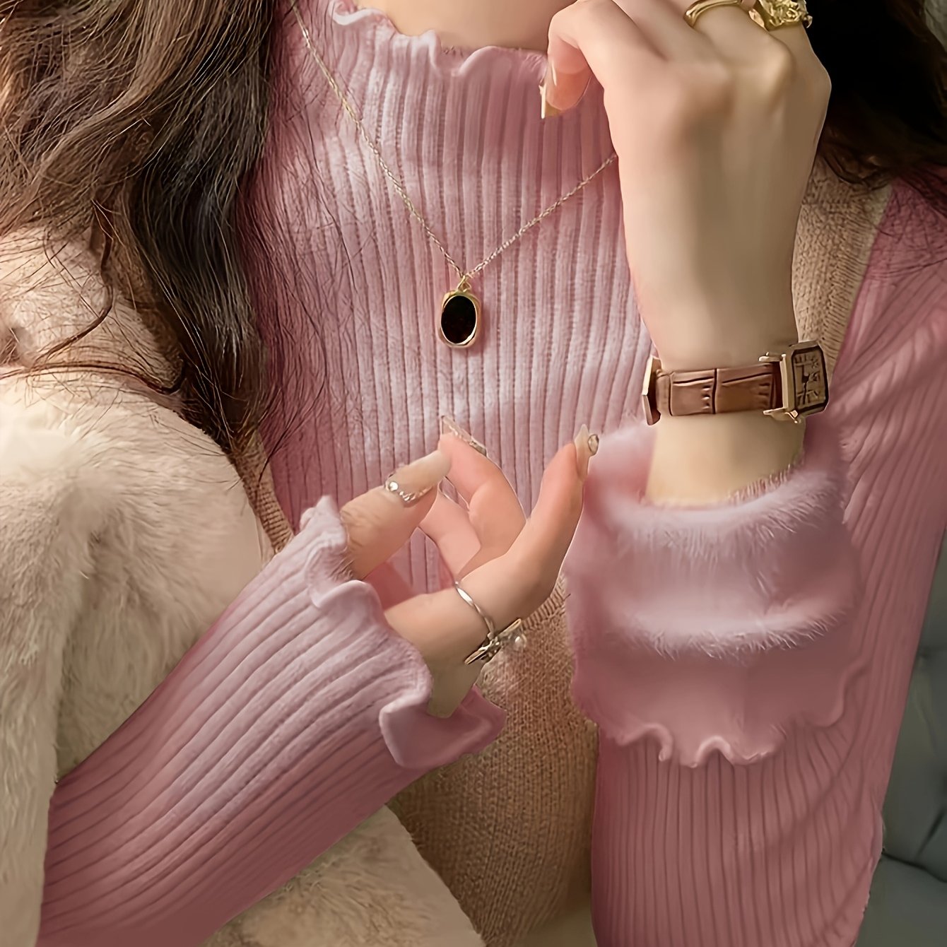 TEMU Fleece-lined And Thickened Base Shirt For Women, Autumn And Winter, Thickened Inner Wear, One-piece Fleece, Winter White High-neck Top, Fungus