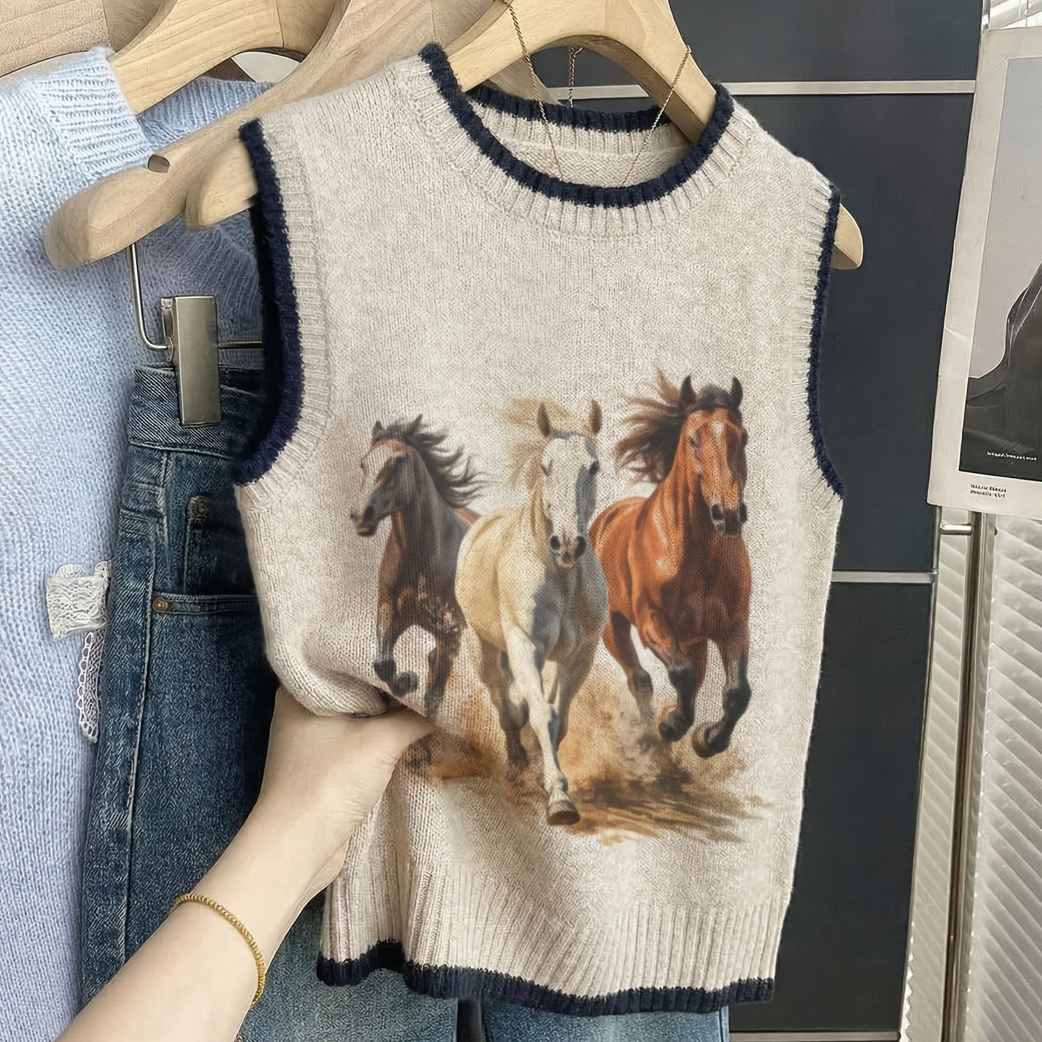 TEMU Women's Lightweight Pullover Vest - 2d - Horses Pattern, Suitable For , Elegant And Versatile Bohemian Neck Top, Trending Women's Knitwear