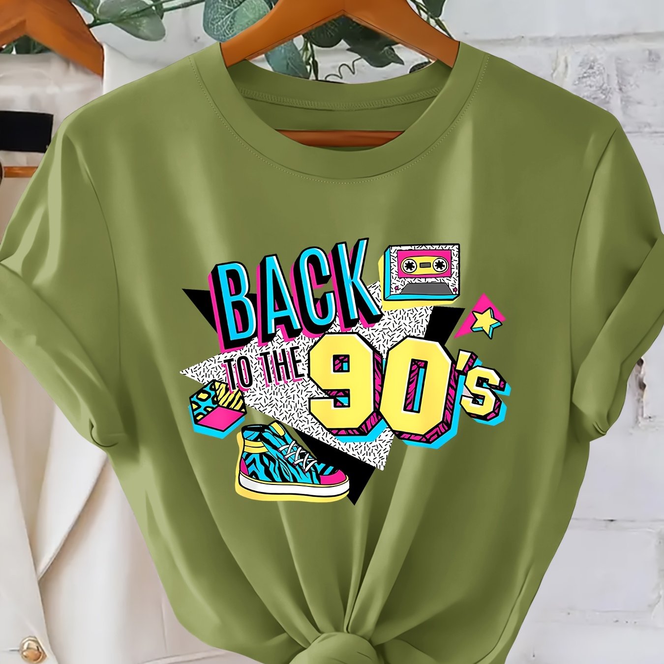 TEMU Back To The 90's High-top Shoes Cassette Graffiti Art Print Women's T-shirt | Round Neck Short Sleeve | Casual Versatile Casual Top | 2026 Style
