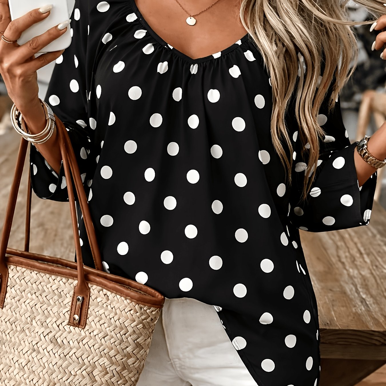 TEMU Plus Size, Plus-size Women's Fashion Polka Dot Print Deep V-neck Twill 3/4 Sleeve Shirt