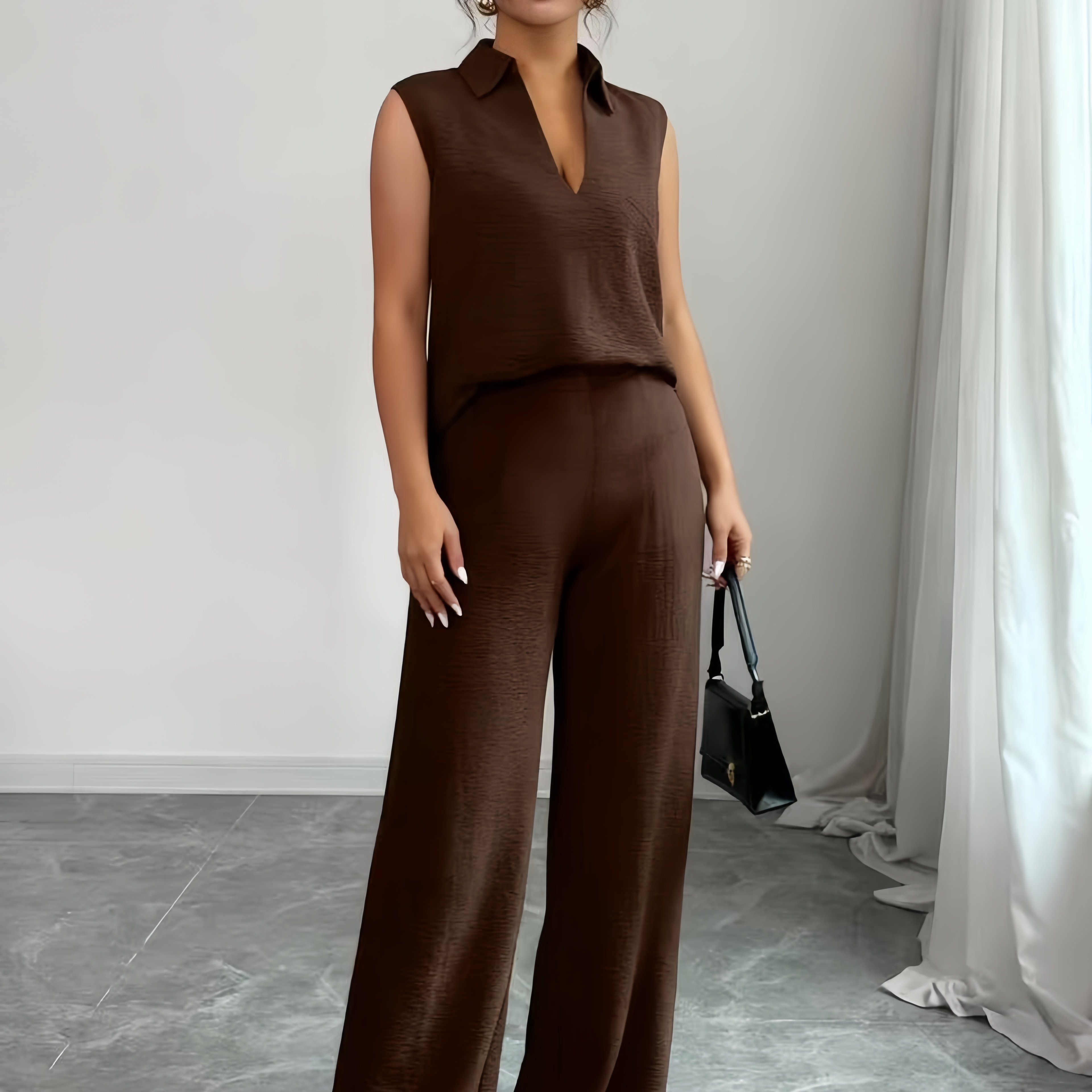 E-shop Damen 2-teiliges Set mit strukturiertem Crackle-Stoff. Elegant, , lässig vielseitig: V-Ausschnitt ärmelloses Top lockere Gerade-Bein-Hose,