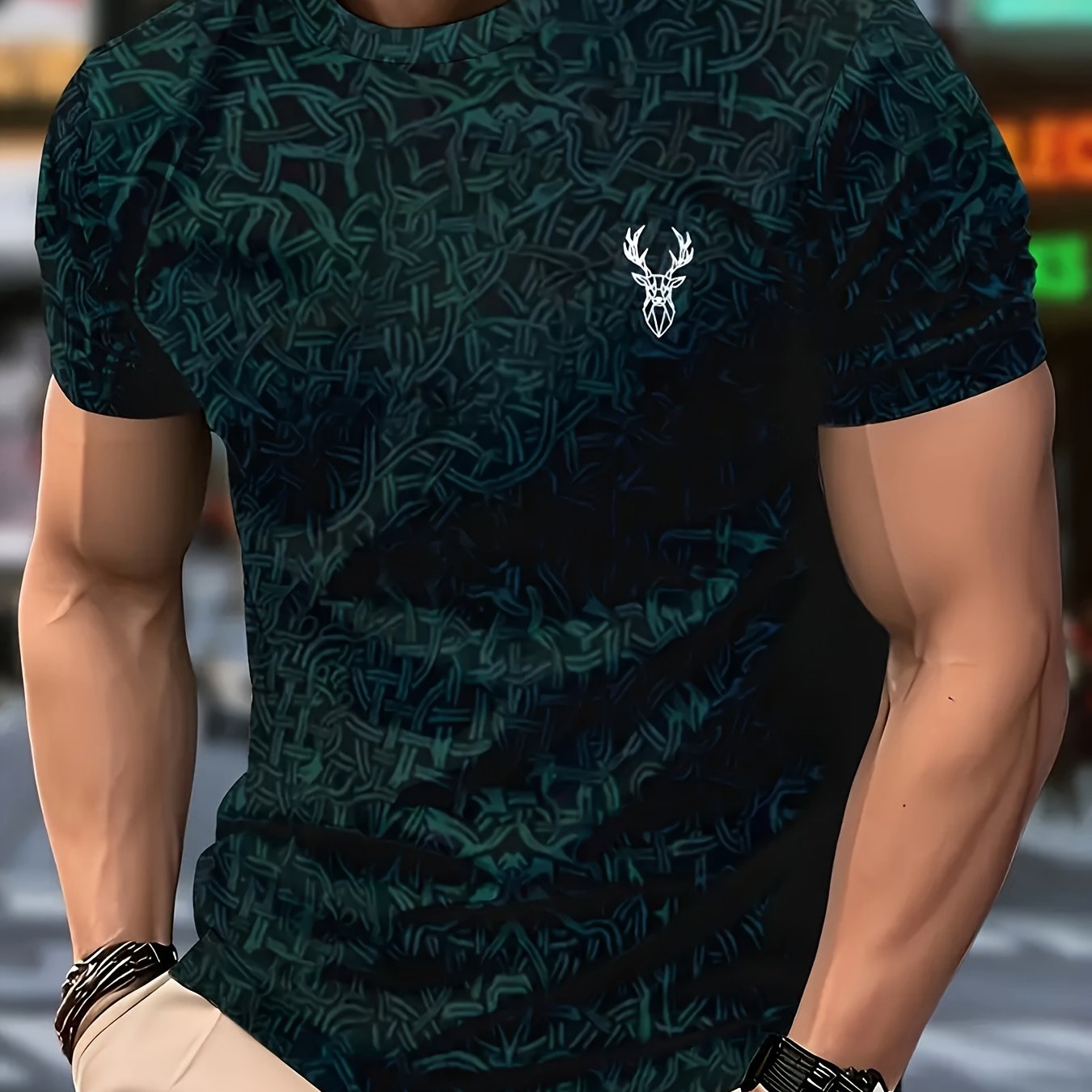 TEMU Printed Design - Not Textured: Plus Size Men's Novelty Elk Icon Fashion Short Sleeve T-shirt, Casual Short Sleeve Crew Neck Tee, Stylish