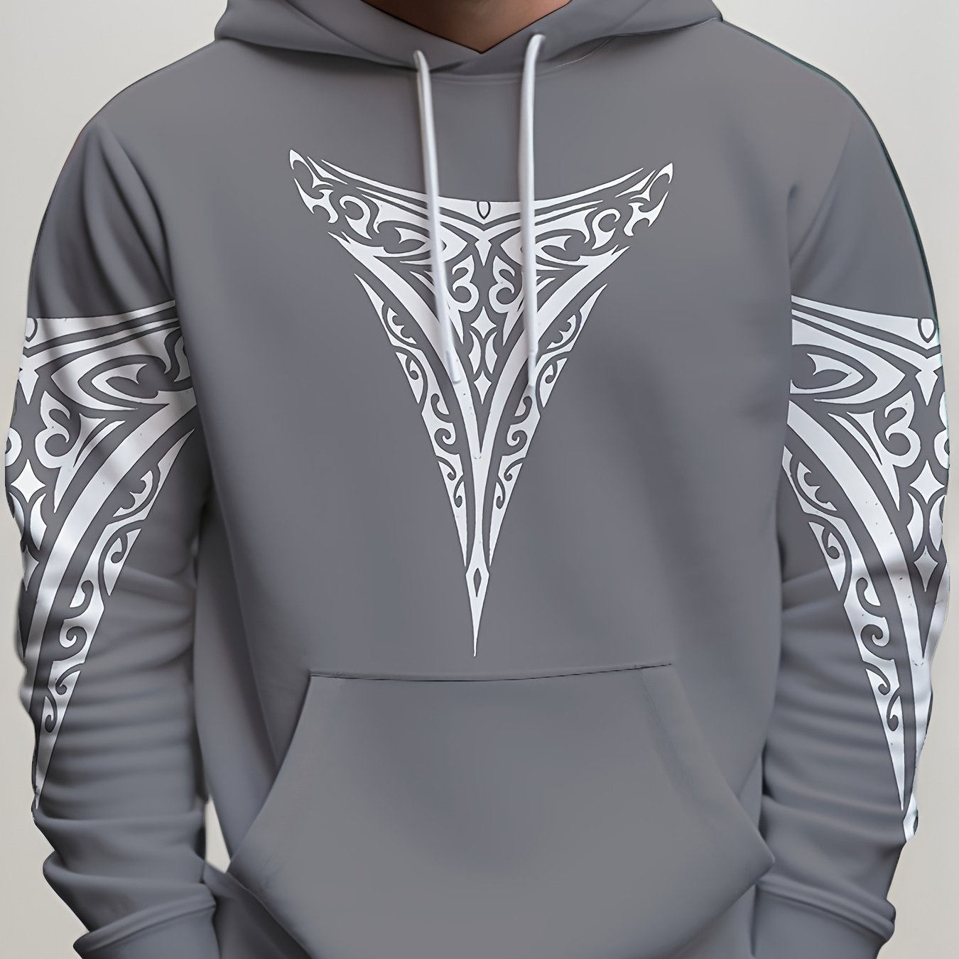 TEMU [print Design - Not Textured] Fashionable Versatile Men's Hoodie - Polynesian Tribal Totem Hooded Sweatshirt - Gray Background Tribal Pattern