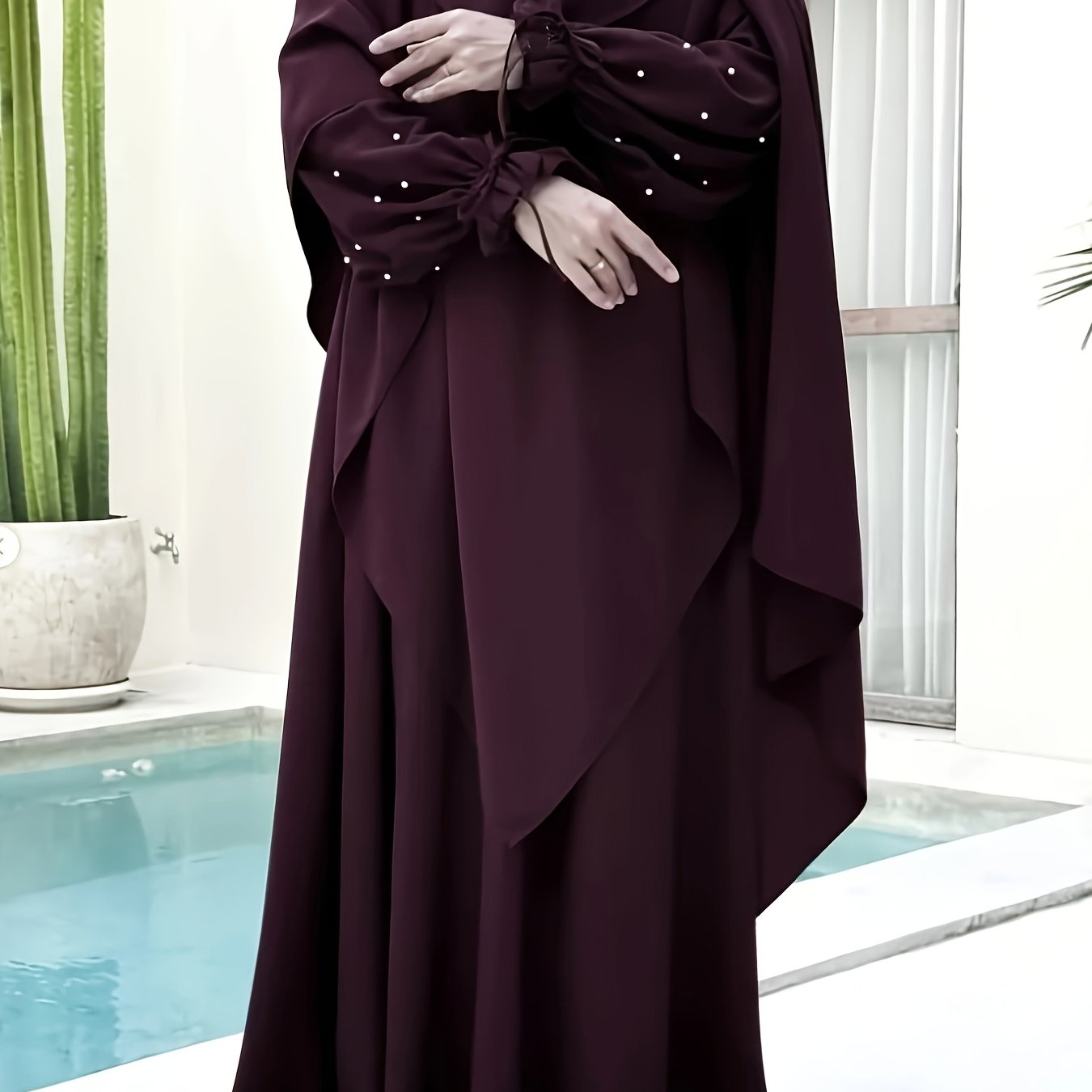 Plus Size, New Middle Eastern Solid Color Ramadan Women's Dress With Pearl Sleeves, Abaya 2pcs Set With Long Headscarf P555