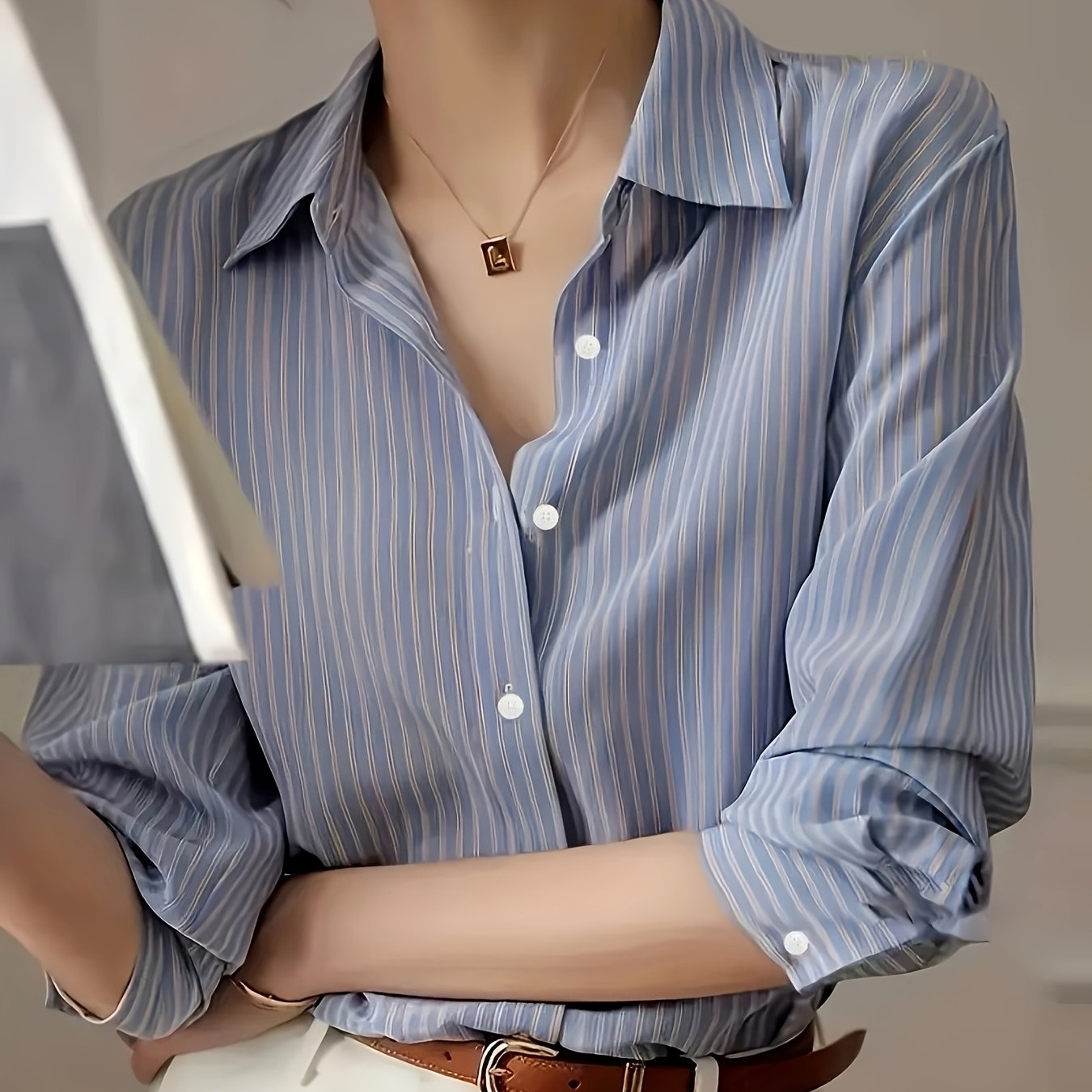 TEMU Elegant Striped Women's Button- Shirt - Long Sleeve, Loose Fit, Polyester, Casual To Formal, Spring And Autumn, Classic Collar Design, Machine