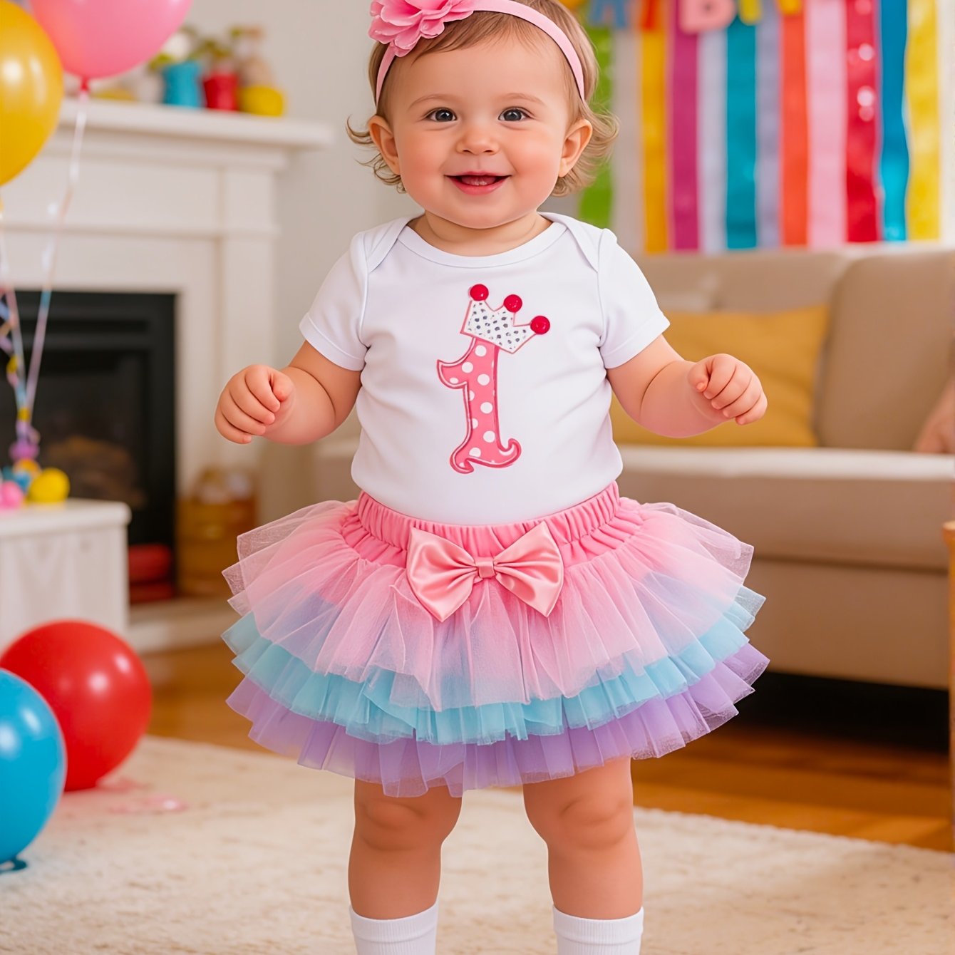 Image of Baby Girl First Birthday Dress Set Cartoon Patch Embroidered 1-word Short-sleeved Triangle Bag Fart Clothes Pastel Six-layer Skirt Hair Additions 3pcs Baby Holiday Party Dress, For Outdoor
