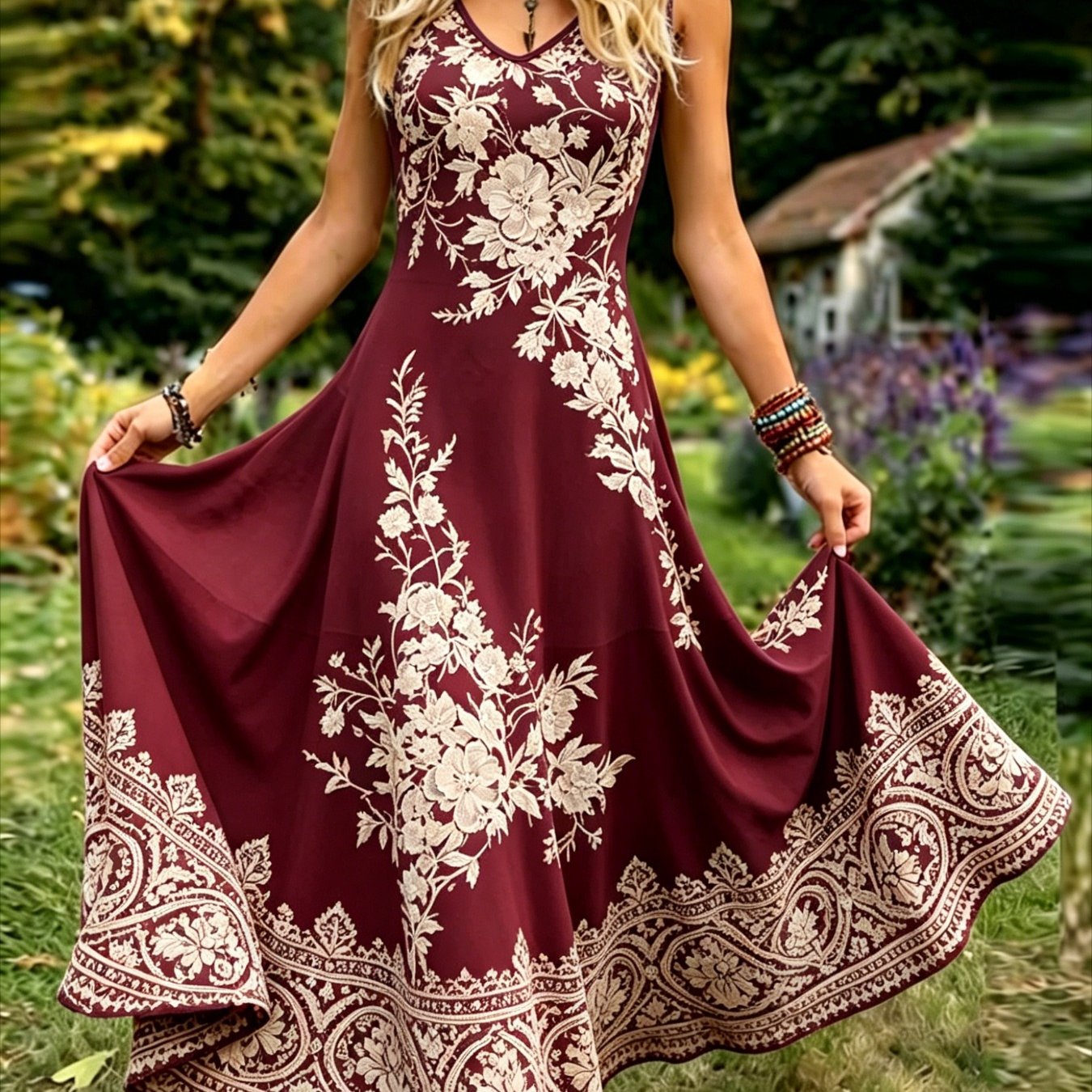 Plus Size - Plus Size - Women's Vintage-style Sleeveless Dress - An Elegant, Casual, Round-neck A-line Maxi Dress. Easy To Care For, Perfect For Daily Wear And Vacation Leisure