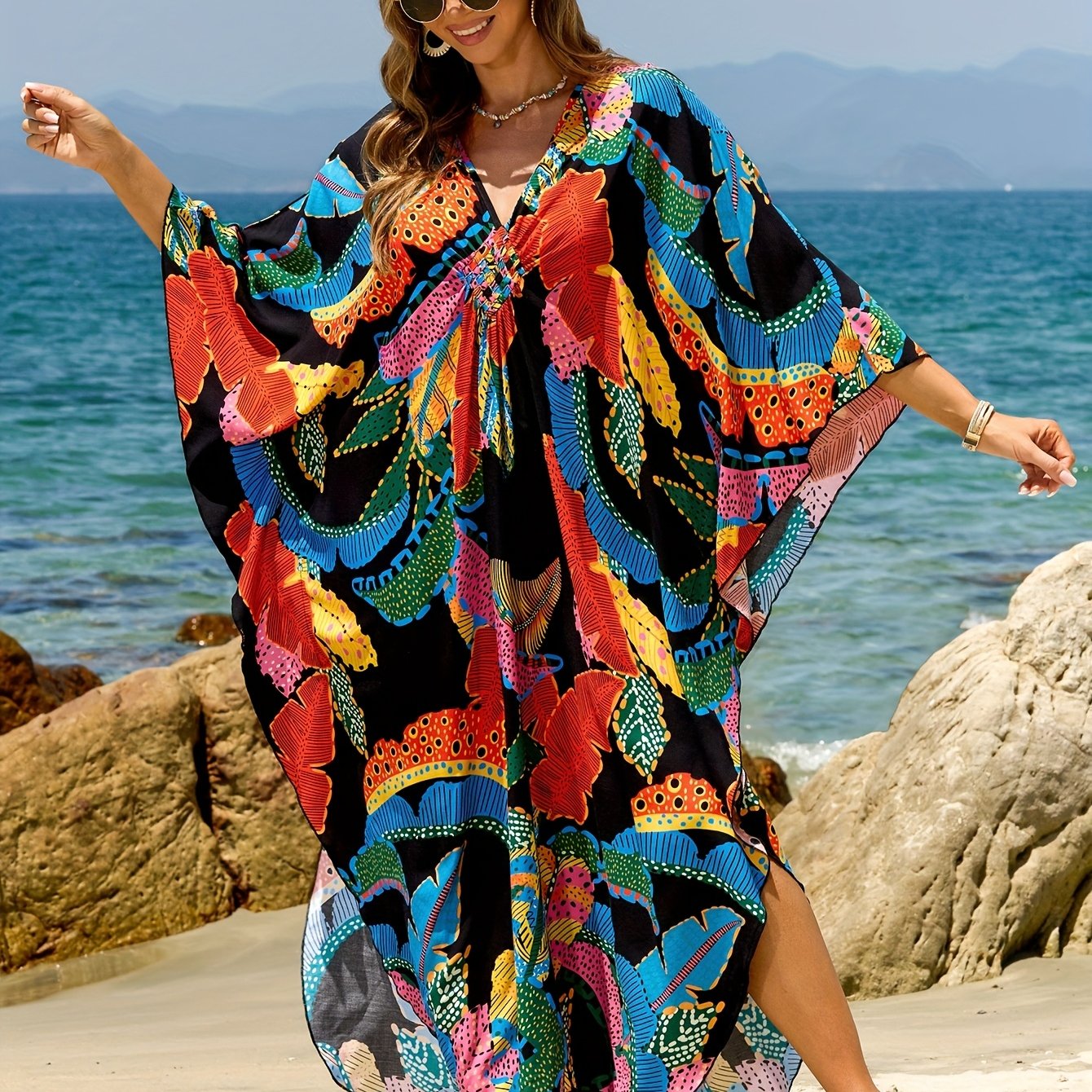 TEMU Edolynsa Elegant Colorful Leaf Print V-neck Long Sleeve Beach Dress Casual Loose Beach Vacation Kaftan Women's Dress Q1869