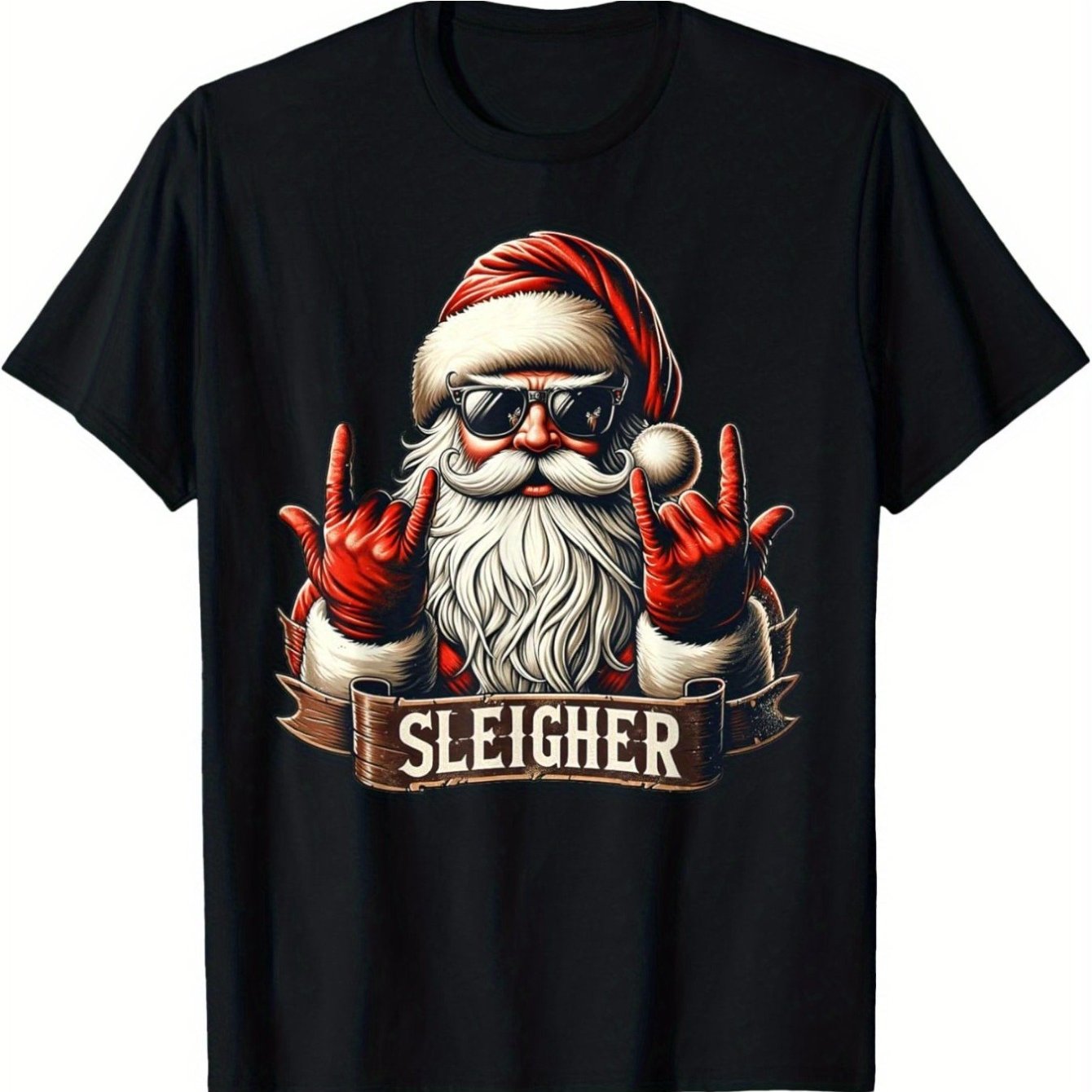 TEMU Santa Claus Metal Christmas Funny Christmas T-shirt - Black Casual Crew Neck T-shirt With Festive Santa Design, Perfect For Outdoor Activities