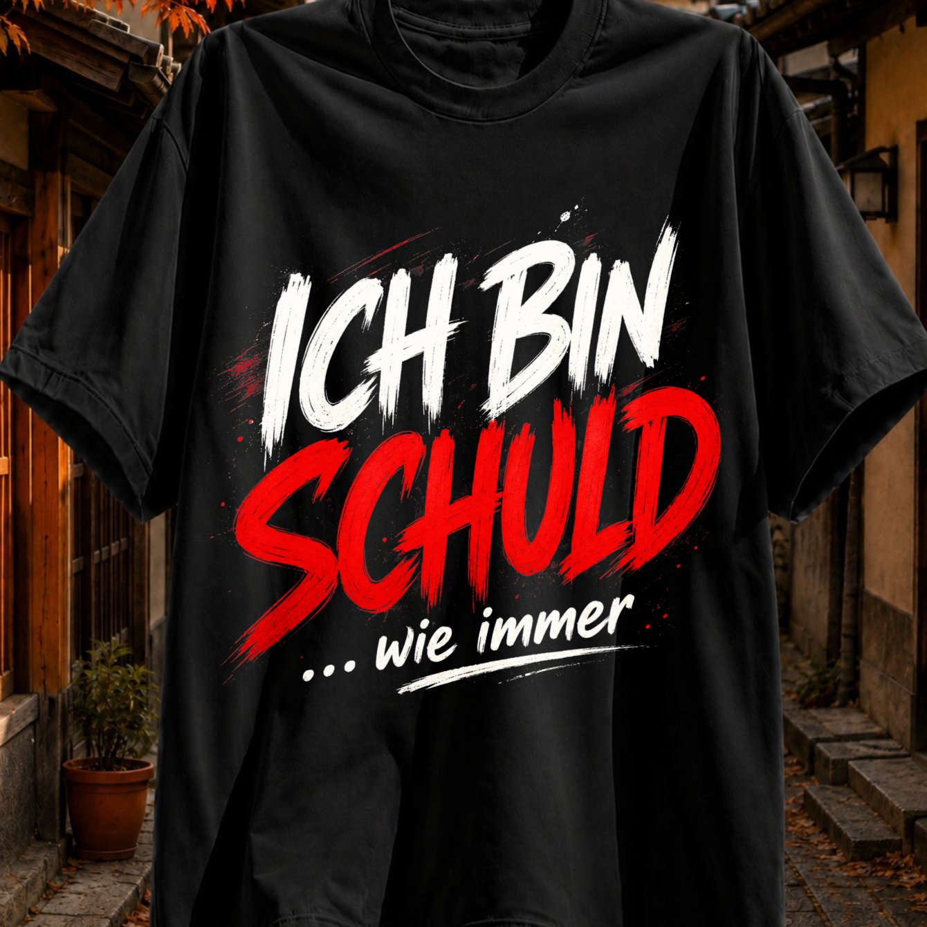 Image of Ich Bin Schuld Red And With Paint And Dynamic Grunge Style Unisex All T-shirt