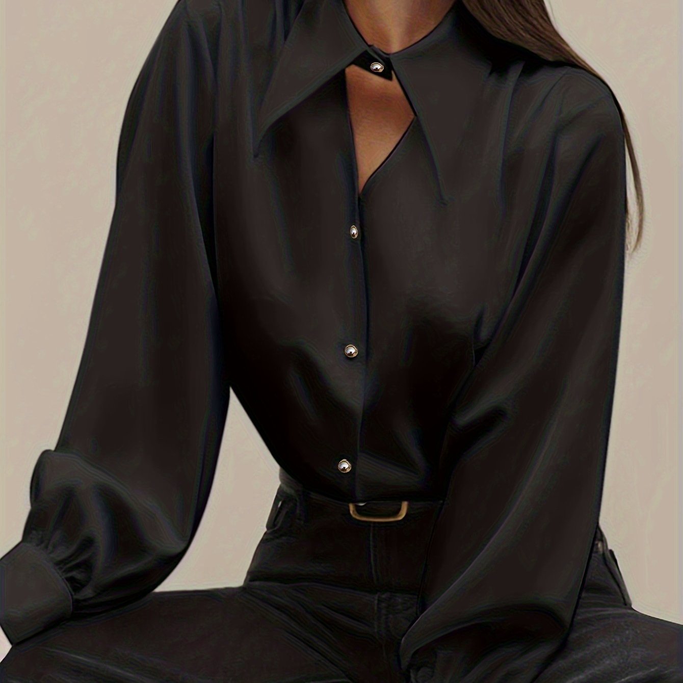 TEMU Elegant Pointed Collar Button- Shirt For Women, Machine Washable Long-sleeve Blouse