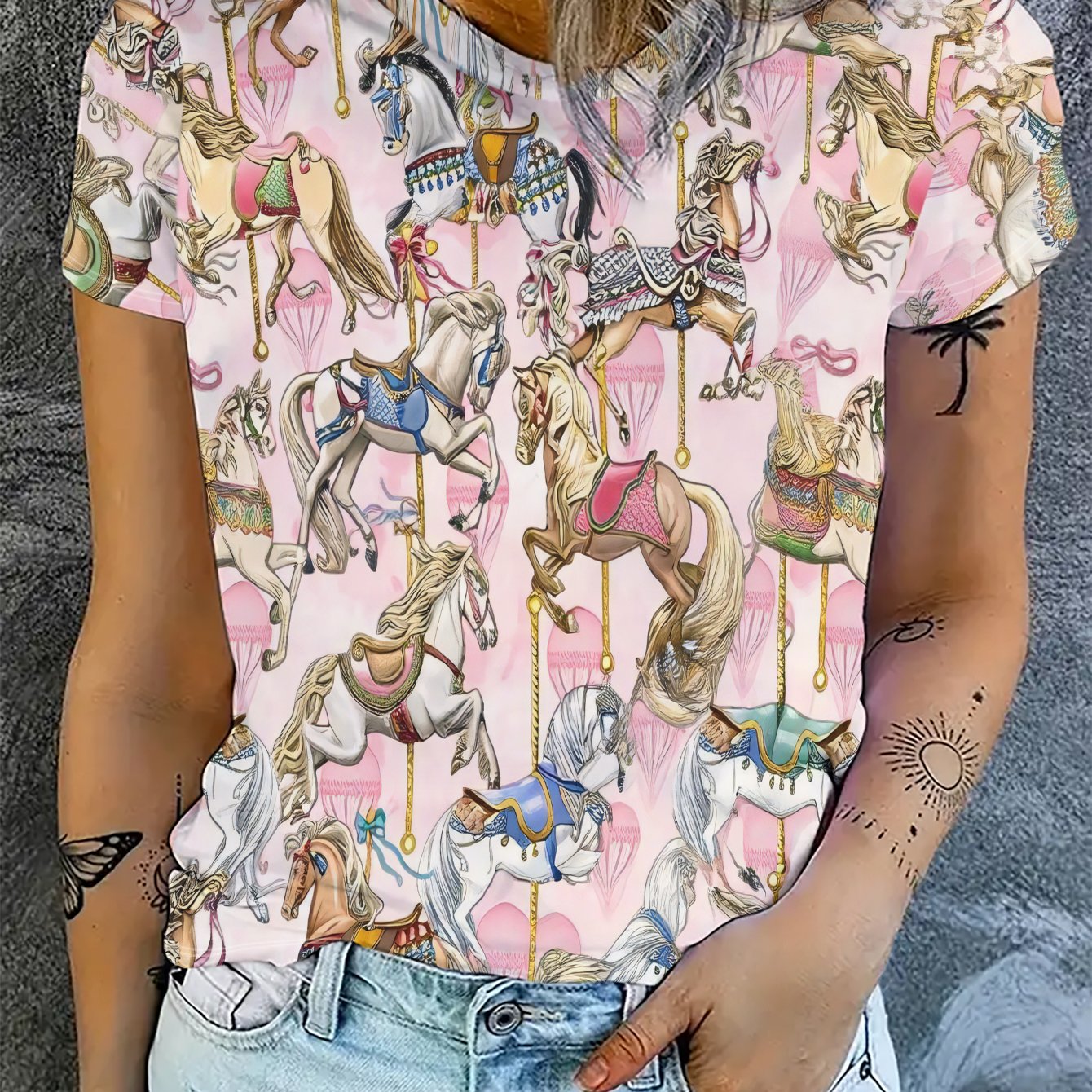 TEMU Pink T-shirt, Carousel Print, , And