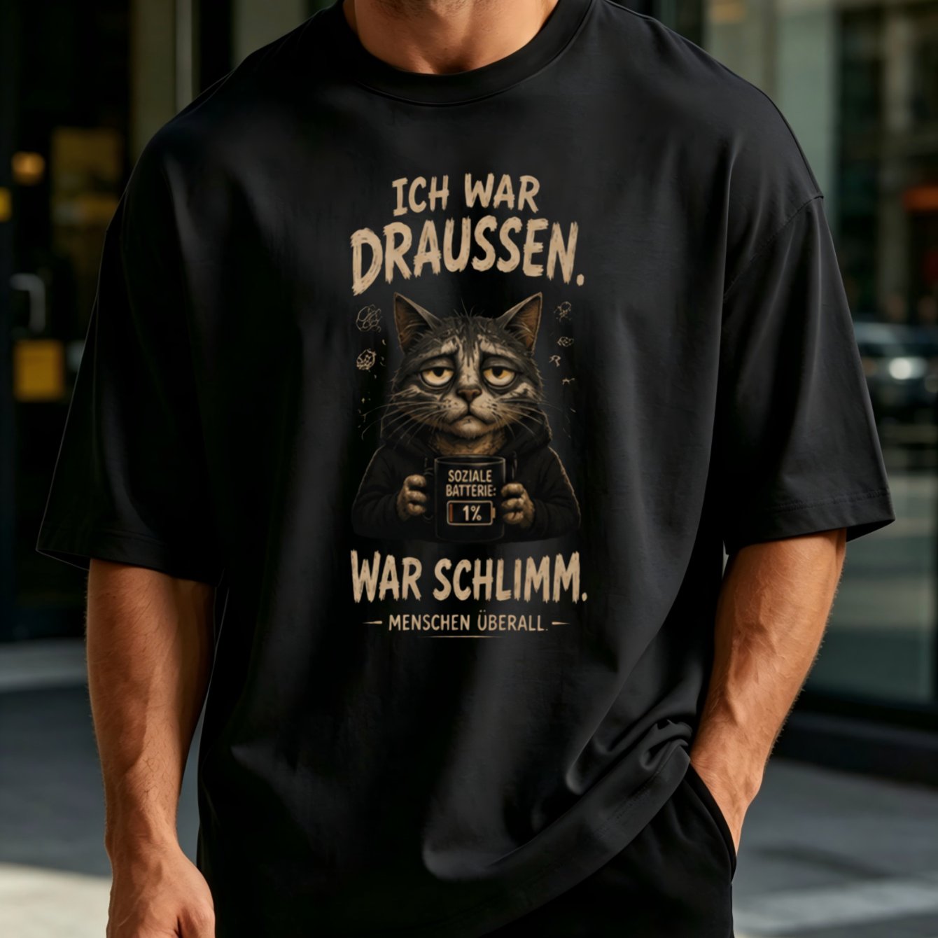 Image of Men's T-shirt I Was Outside It Was Everywhere Graphic T-shirt Sad Cat And Social Battery Joke