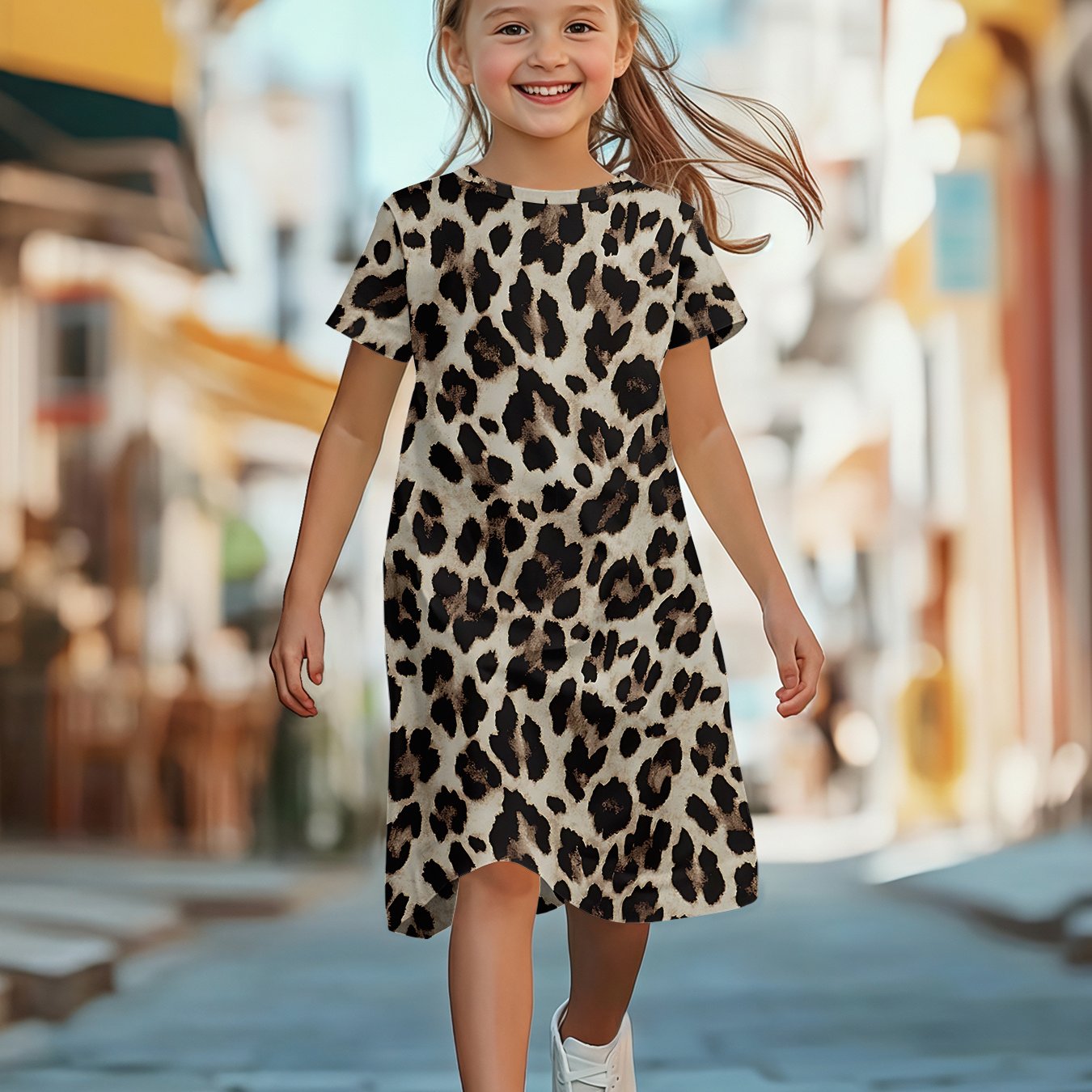 Image of Girls' Summer Short-sleeved Dress With Trendy And Fashionable Leopard Print Pattern, Trendy And Comfortable Short-sleeved Dress